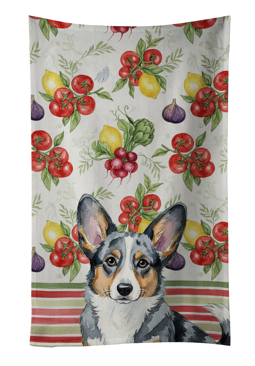 Blue Merle Cardigan Welsh Corgi Vegetables Kitchen Towel Velour Plush Front and Cotton Loop Back Machine Washable