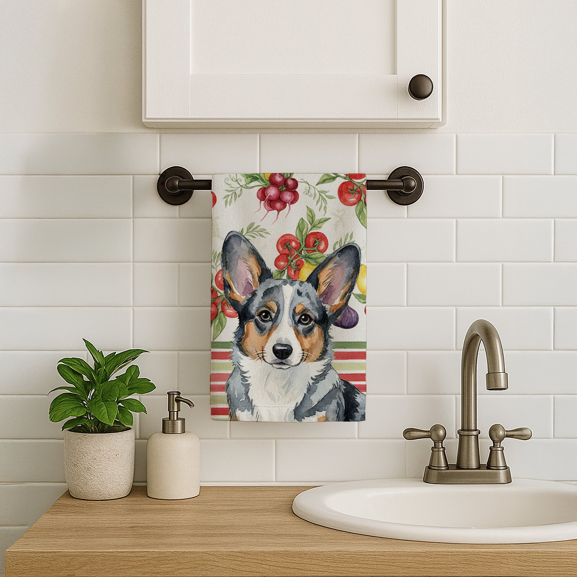 Blue Merle Cardigan Welsh Corgi Vegetables Kitchen Towel Velour Plush Front and Cotton Loop Back Machine Washable