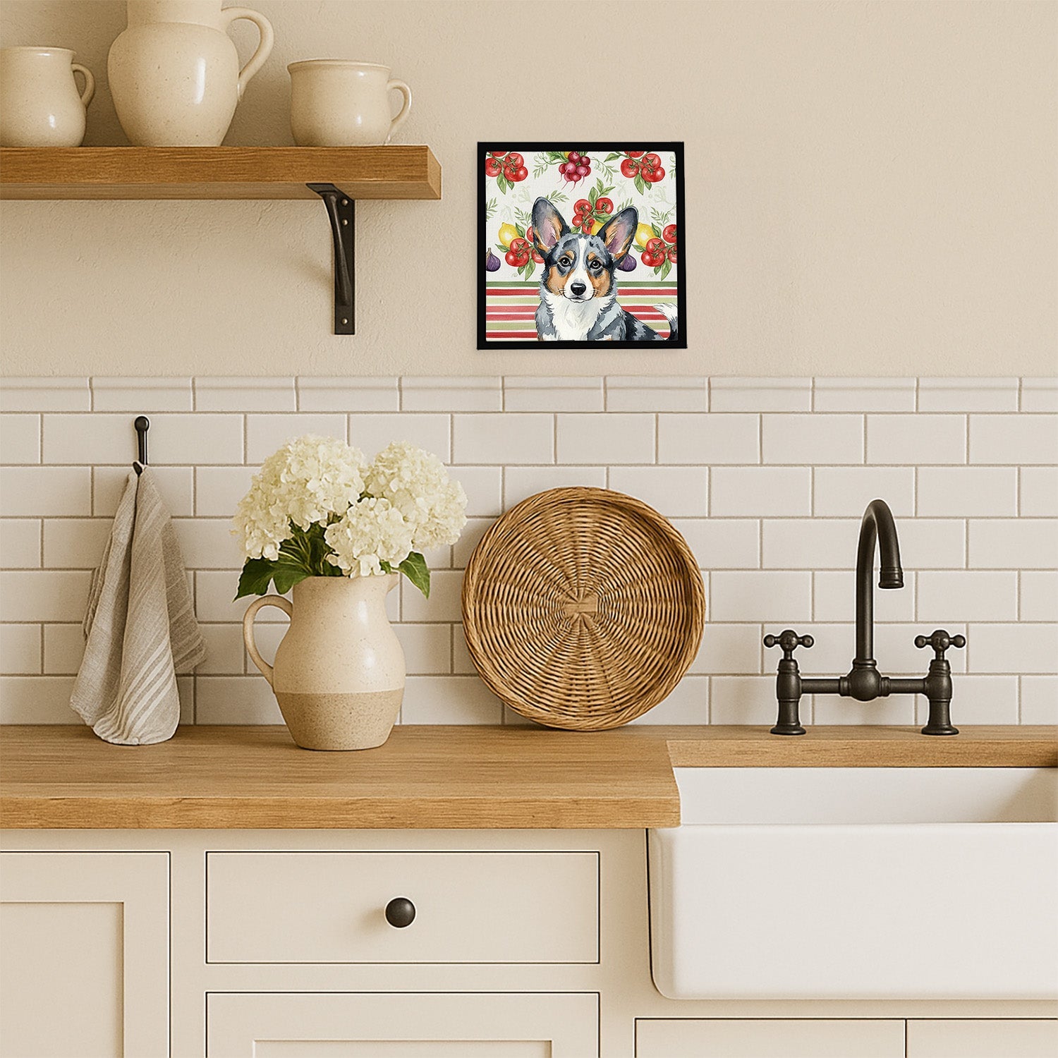Blue Merle Cardigan Welsh Corgi Vegetables Framed Metal Print Bathroom, Kitchen, Office, Home Decor Wall Art Ready to Hang, Square, 8X8