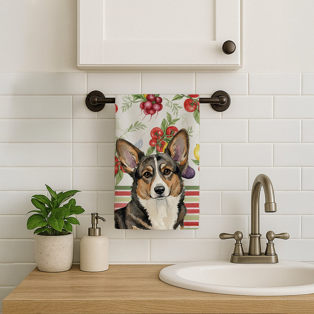 Brindle Cardigan Welsh Corgi Vegetables Kitchen Towel Velour Plush Front and Cotton Loop Back Machine Washable