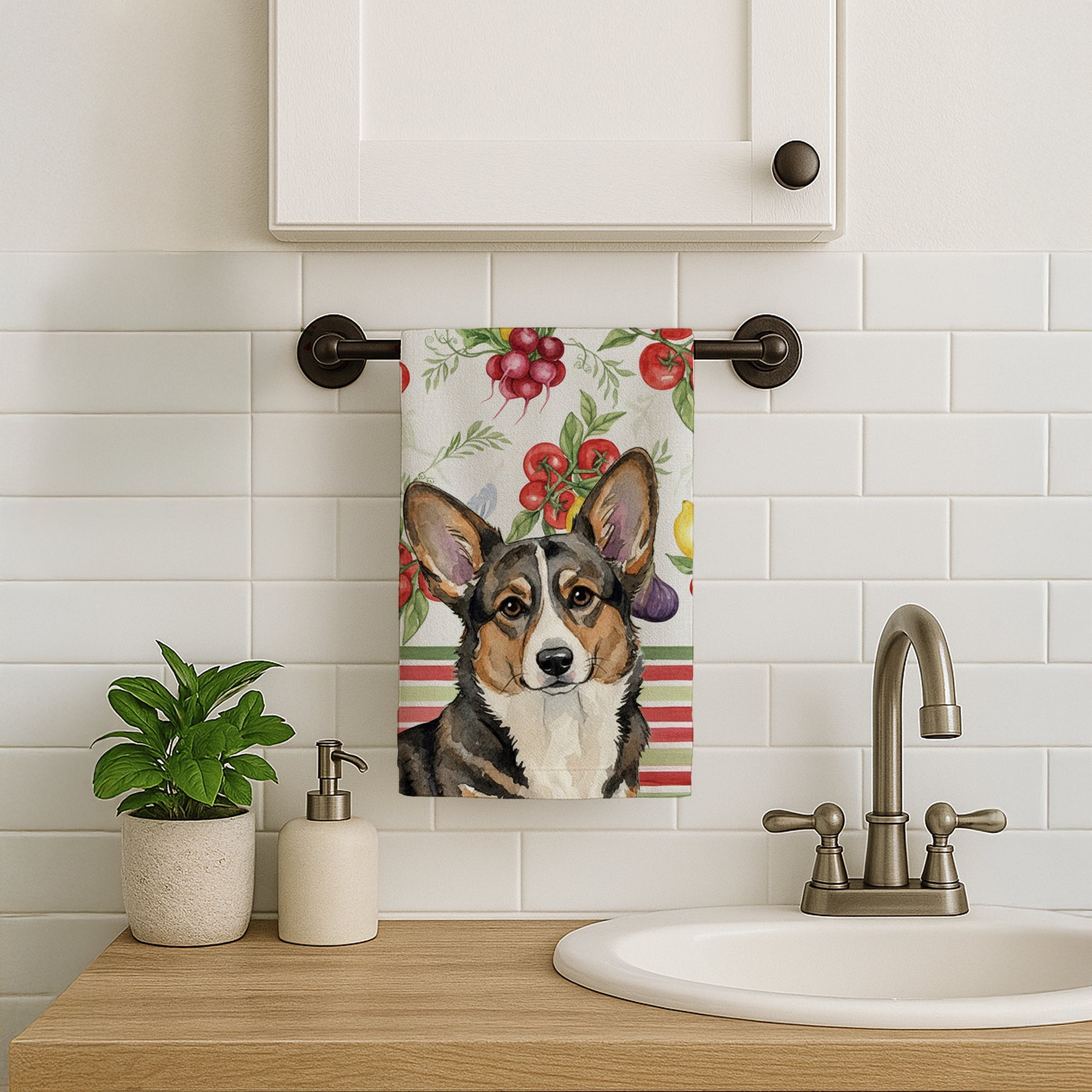 Brindle Cardigan Welsh Corgi Vegetables Kitchen Towel Velour Plush Front and Cotton Loop Back Machine Washable