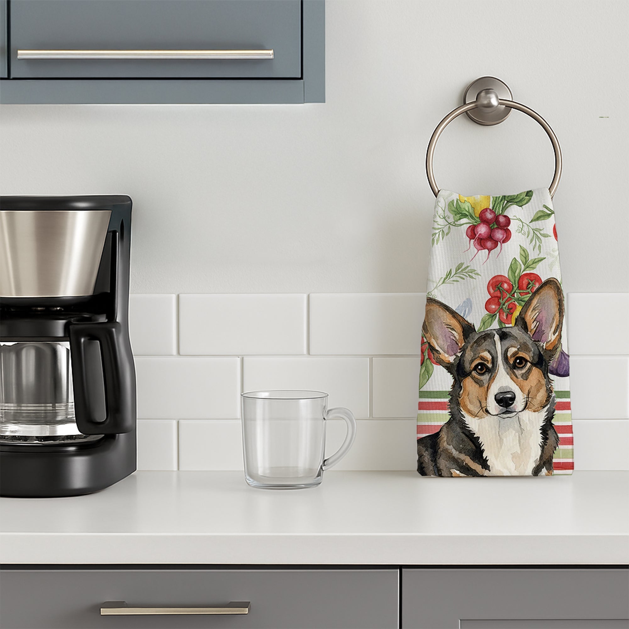 Brindle Cardigan Welsh Corgi Vegetables Kitchen Towel Velour Plush Front and Cotton Loop Back Machine Washable