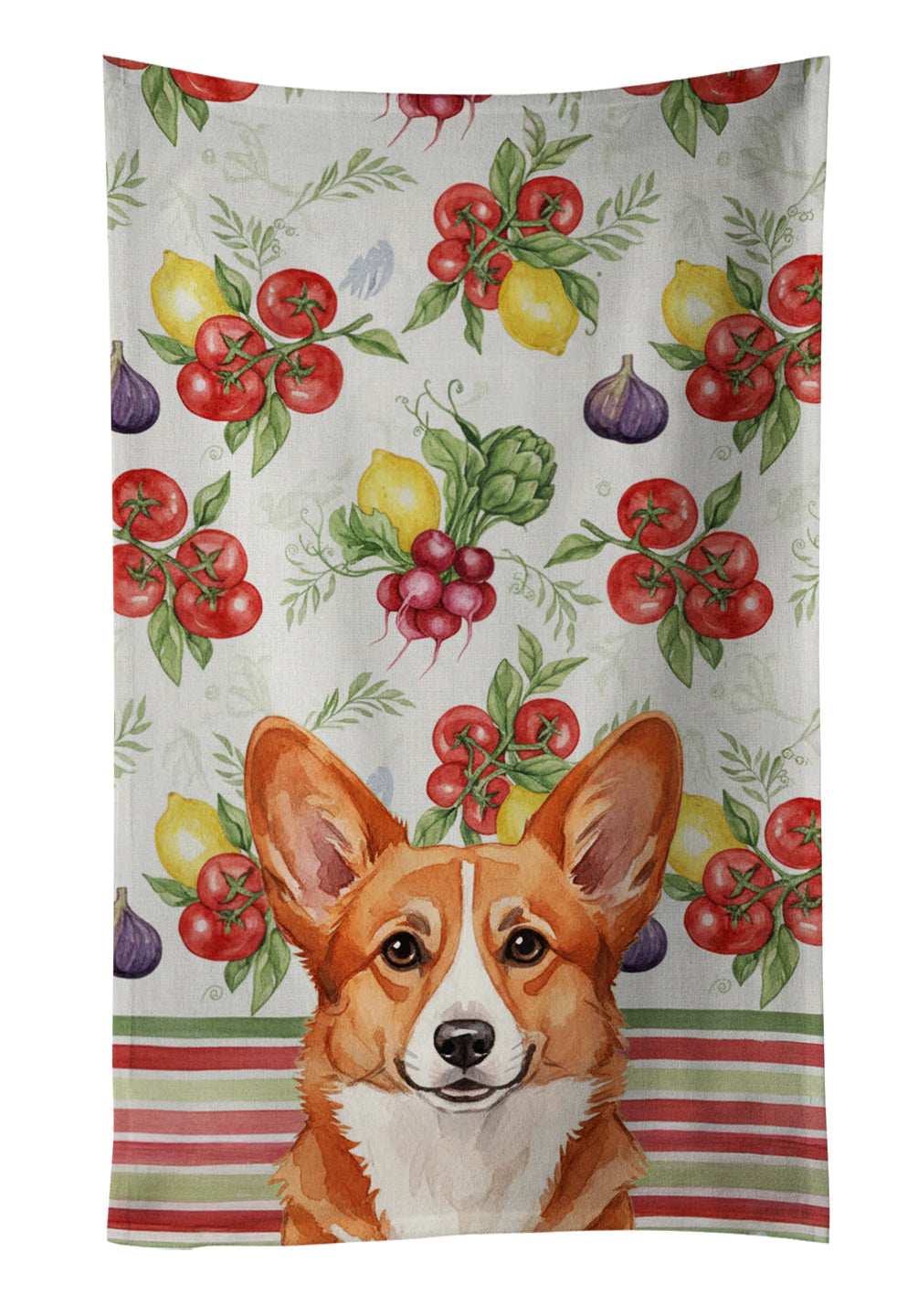Red Cardigan Welsh Corgi Vegetables Kitchen Towel Velour Plush Front and Cotton Loop Back Machine Washable