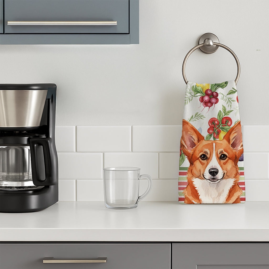 Red Cardigan Welsh Corgi Vegetables Kitchen Towel Velour Plush Front and Cotton Loop Back Machine Washable