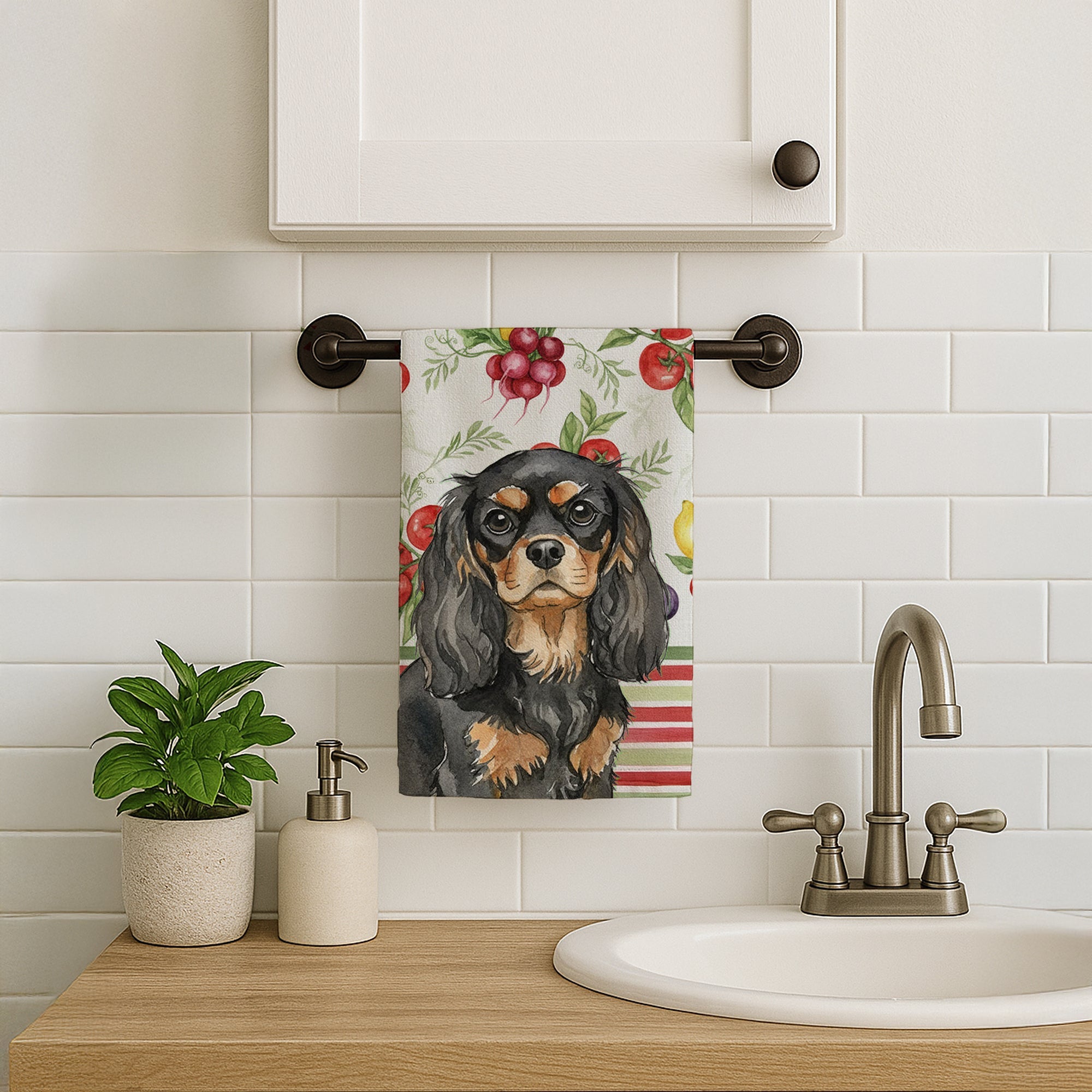 Black and Tan Cavalier Spaniel Vegetables Kitchen Towel Velour Plush Front and Cotton Loop Back Machine Washable