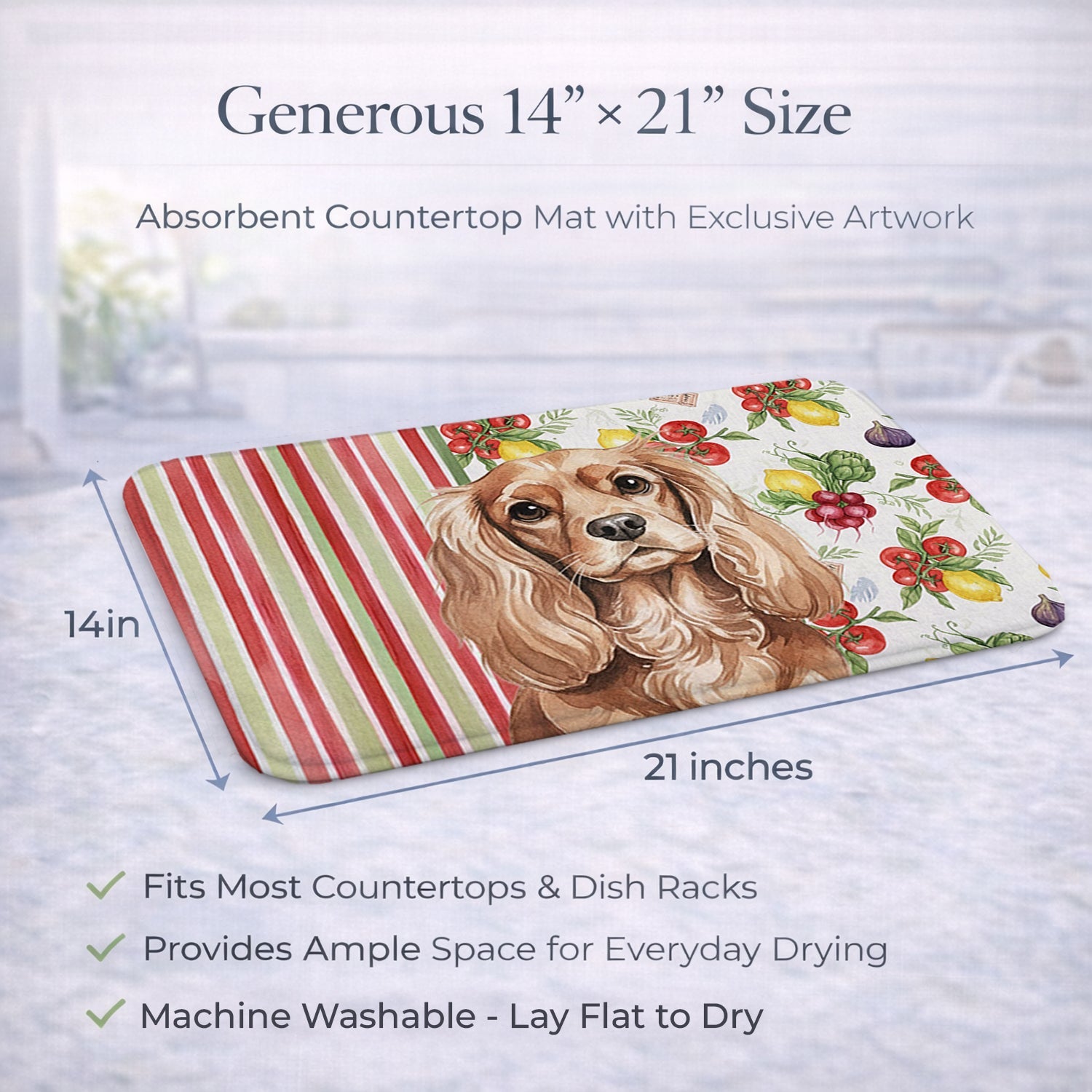 Ruby Cavalier Spaniel Vegetables Dish Drying Mat Absorbent Dish Drying Mat Pad for Kitchen Counter Dish Drainer Mat for Countertop, 14 x 21", Multicolor