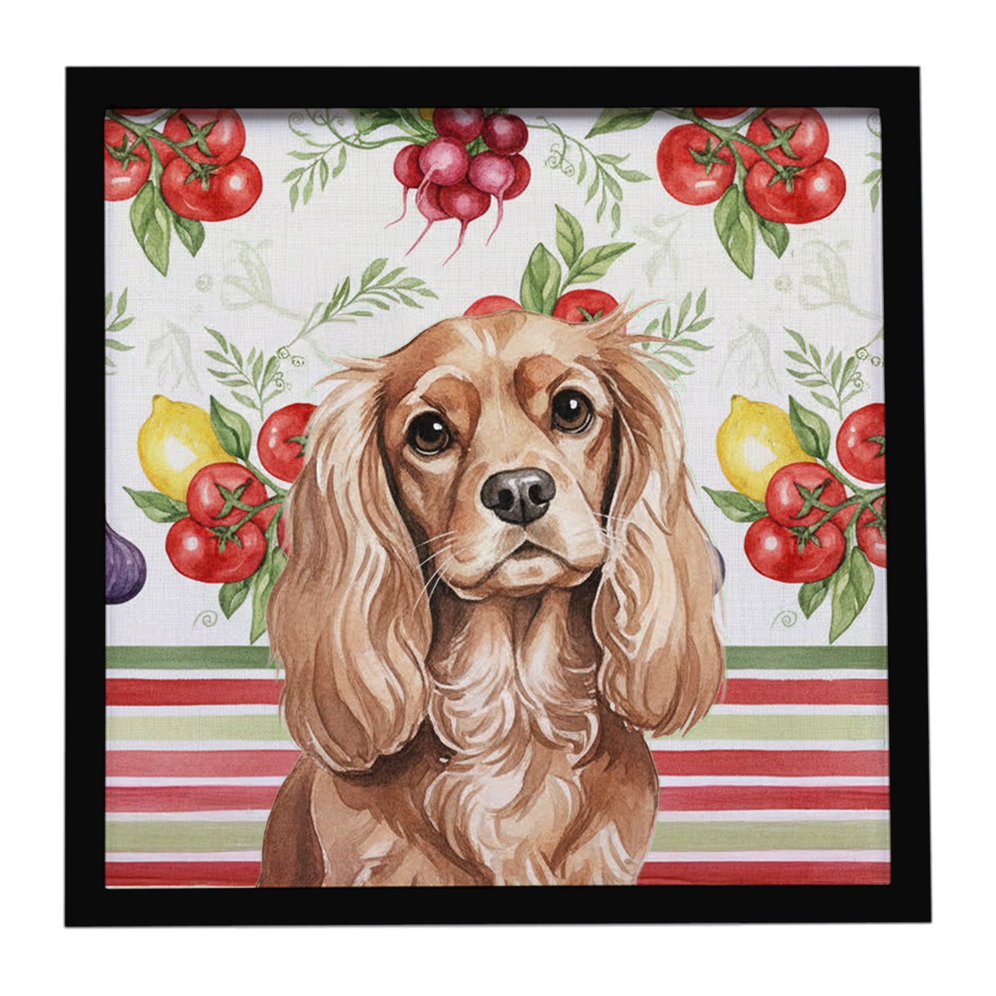 Ruby Cavalier Spaniel Vegetables Framed Metal Print Bathroom, Kitchen, Office, Home Decor Wall Art Ready to Hang, Square, 8X8