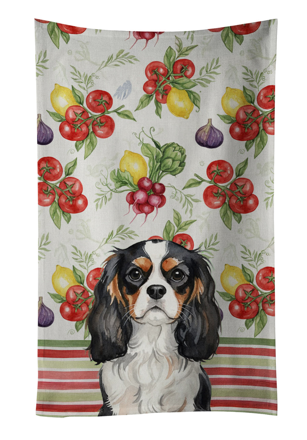 Tricolor Cavalier Spaniel Vegetables Kitchen Towel Velour Plush Front and Cotton Loop Back Machine Washable