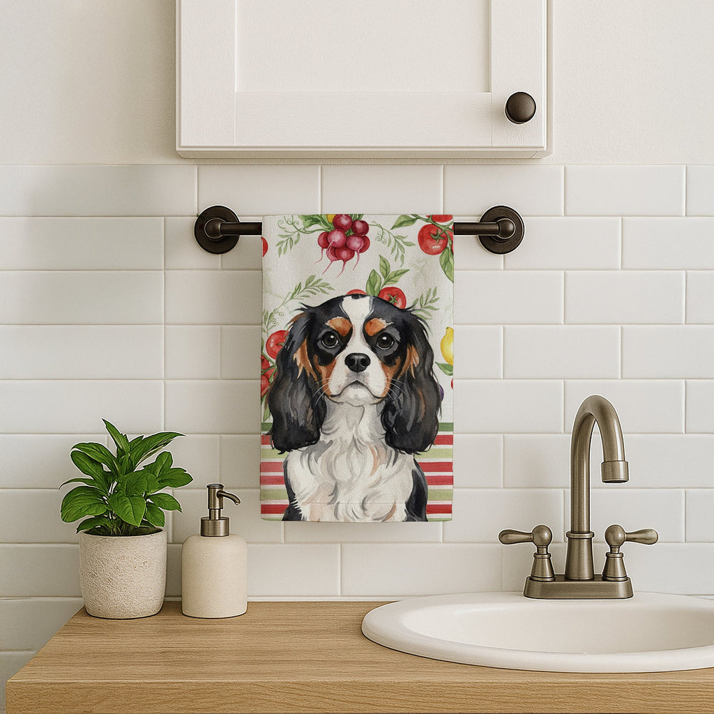 Tricolor Cavalier Spaniel Vegetables Kitchen Towel Velour Plush Front and Cotton Loop Back Machine Washable