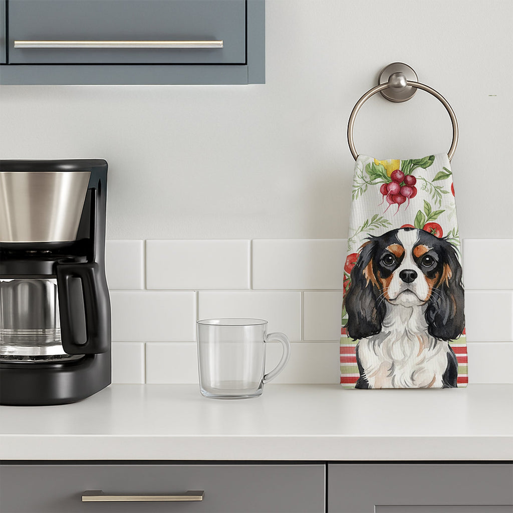 Tricolor Cavalier Spaniel Vegetables Kitchen Towel Velour Plush Front and Cotton Loop Back Machine Washable