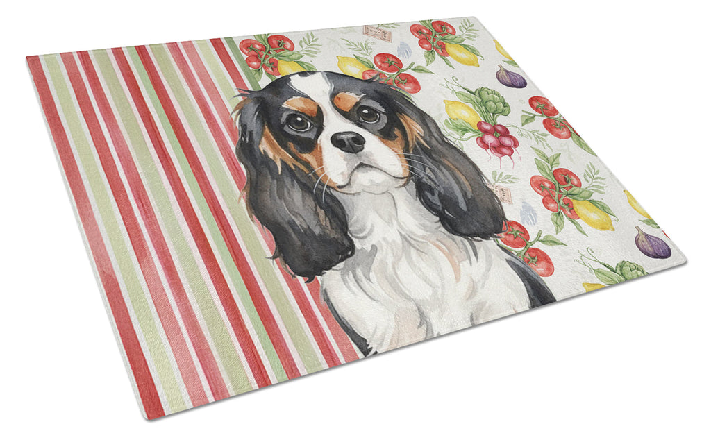 Tricolor Cavalier Spaniel Vegetables Cutting Board Tempered Glass Kitchen Cutting Surface, Heat Resistant Chopping, Non-Slip Feet, Food Prep & Serving