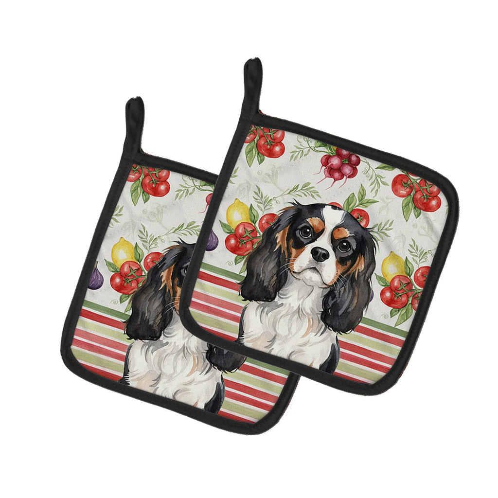 Tricolor Cavalier Spaniel Vegetables Pot Holder Set of 2 Heat Resistant Quilted Hot Pads 7.5 x 7.5 Inch, Insulated Kitchen Trivets for Cooking & Baking