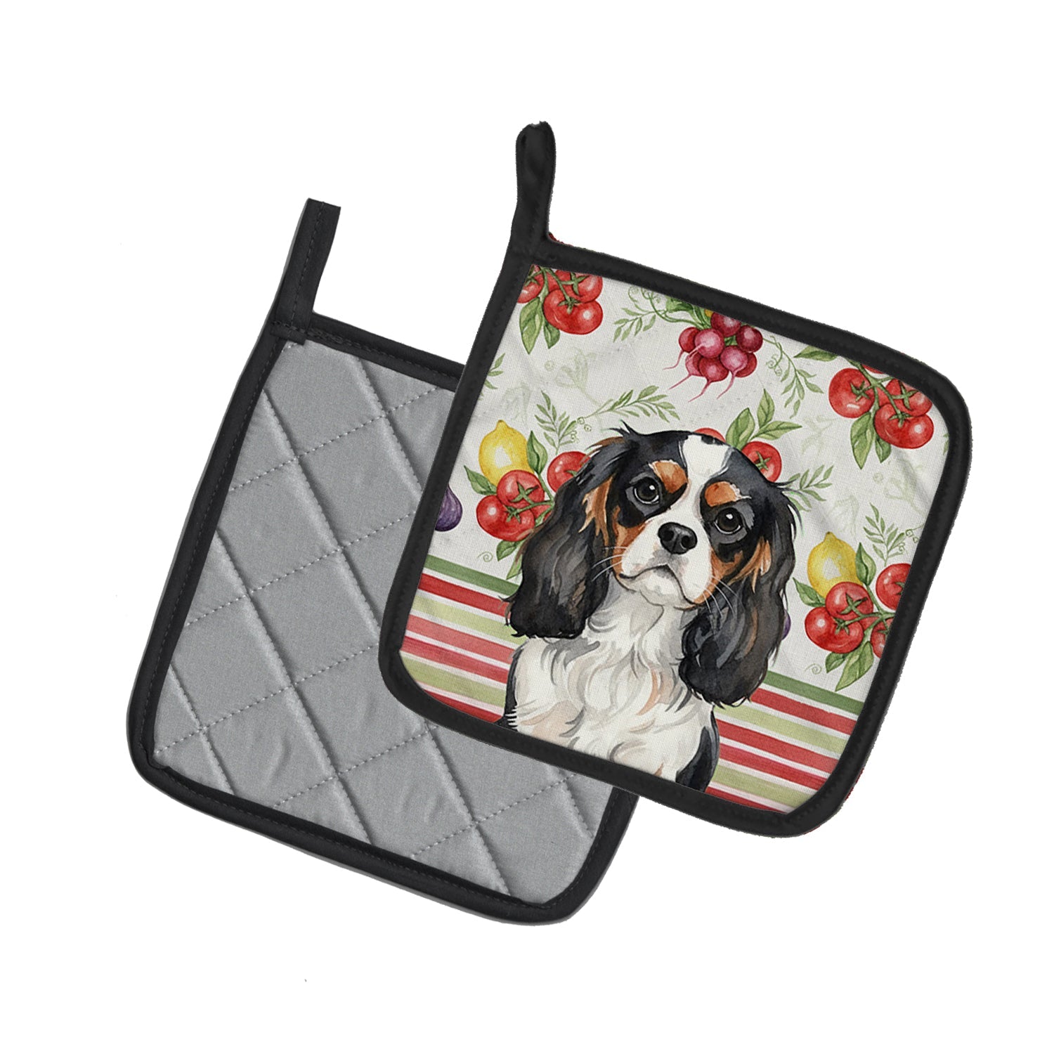 Tricolor Cavalier Spaniel Vegetables Pot Holder Set of 2 Heat Resistant Quilted Hot Pads 7.5 x 7.5 Inch, Insulated Kitchen Trivets for Cooking & Baking