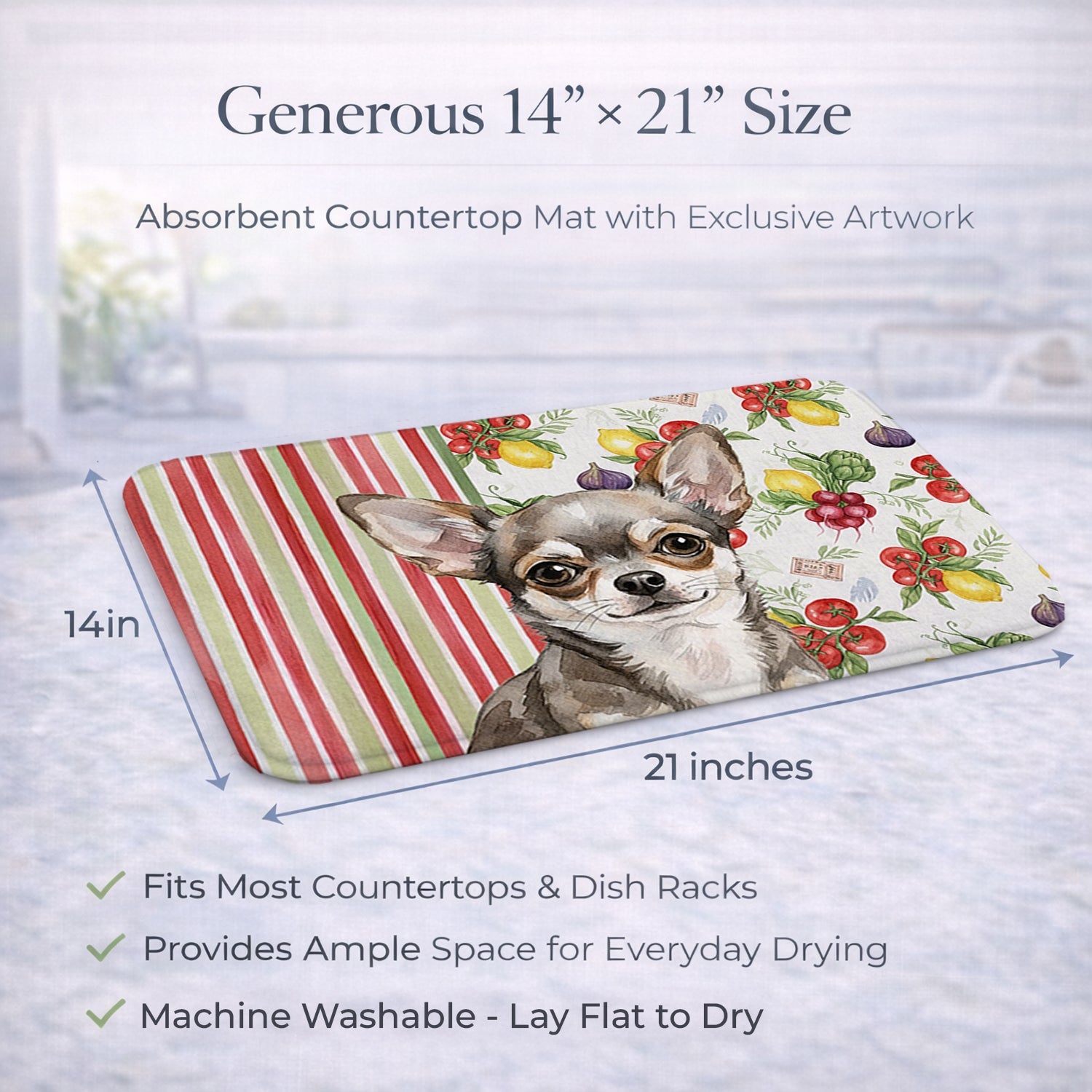 Chihuahua Vegetables Dish Drying Mat Absorbent Dish Drying Mat Pad for Kitchen Counter Dish Drainer Mat for Countertop, 14 x 21", Multicolor