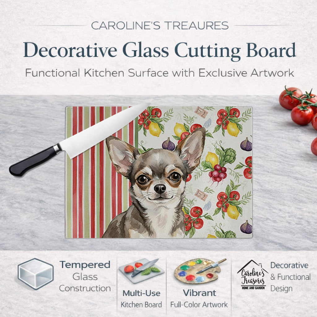 Chihuahua Vegetables Cutting Board Tempered Glass Kitchen Cutting Surface, Heat Resistant Chopping, Non-Slip Feet, Food Prep & Serving