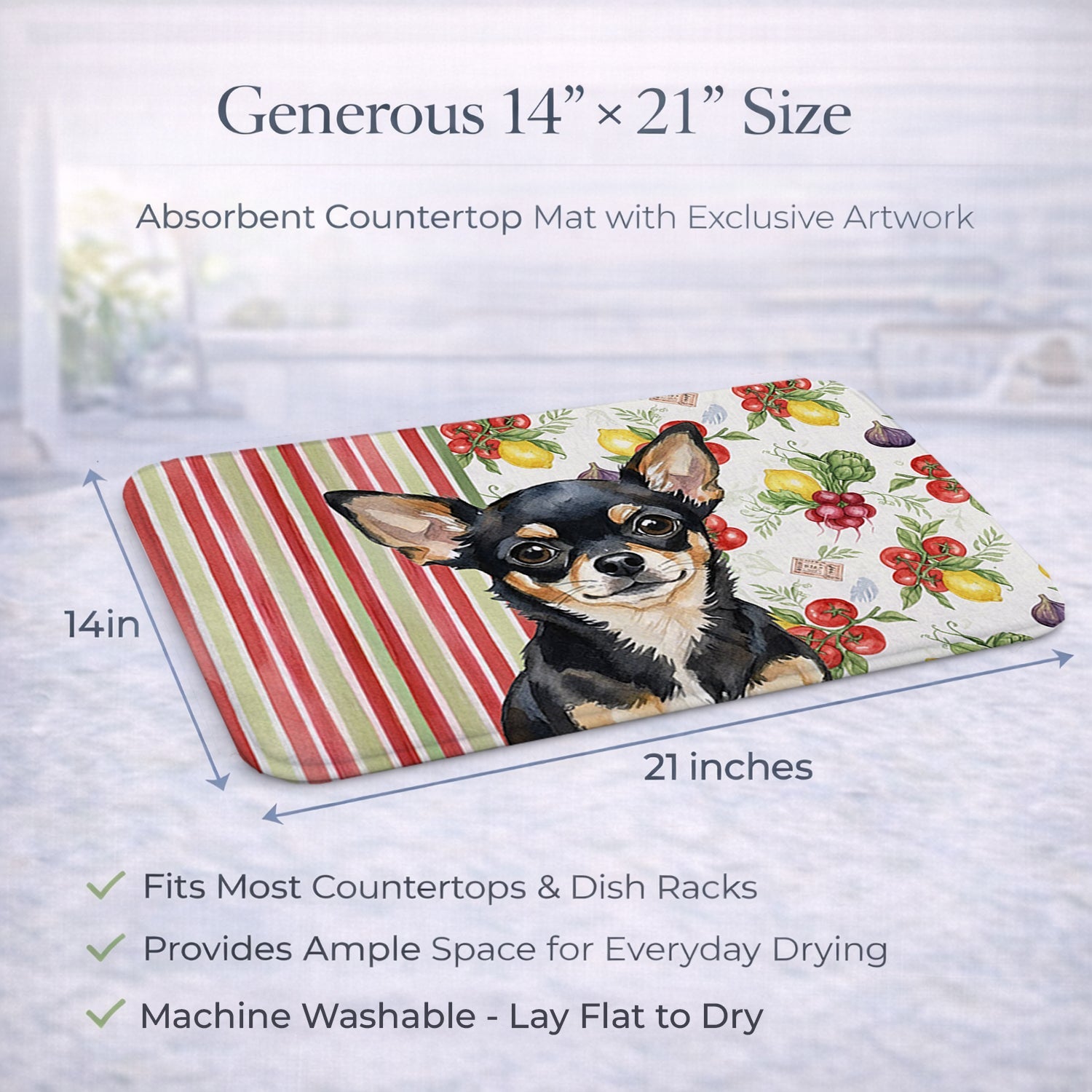 Black and Tan Chihuahua Vegetables Dish Drying Mat Absorbent Dish Drying Mat Pad for Kitchen Counter Dish Drainer Mat for Countertop, 14 x 21", Multicolor
