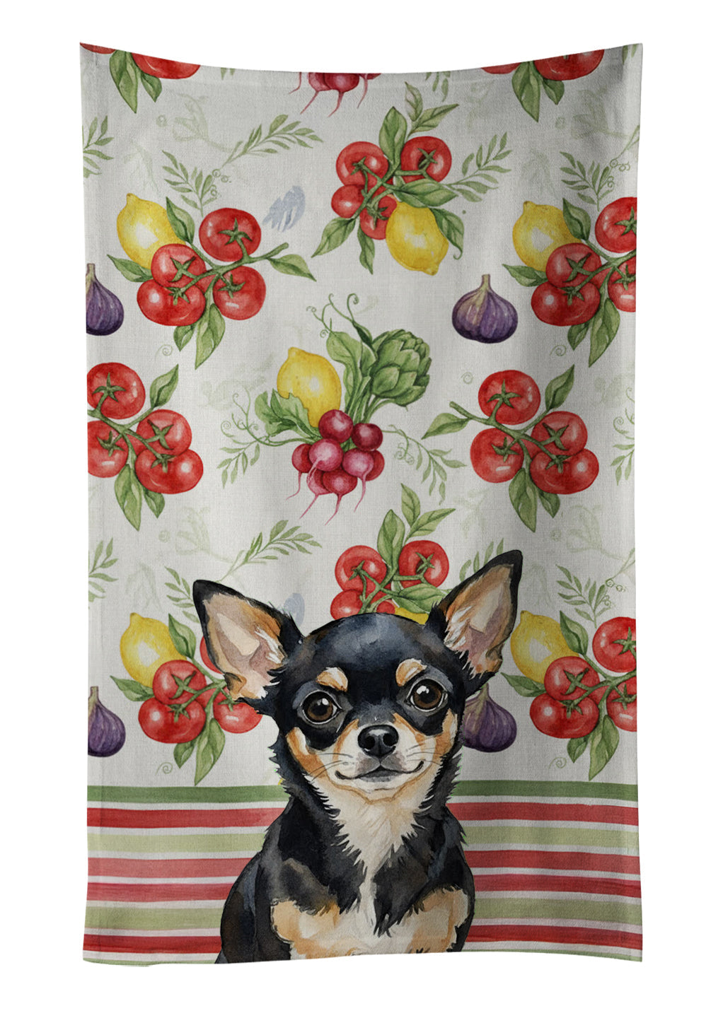 Black and Tan Chihuahua Vegetables Kitchen Towel Velour Plush Front and Cotton Loop Back Machine Washable