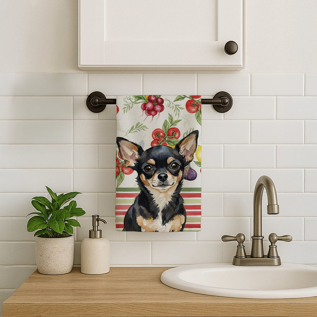 Black and Tan Chihuahua Vegetables Kitchen Towel Velour Plush Front and Cotton Loop Back Machine Washable
