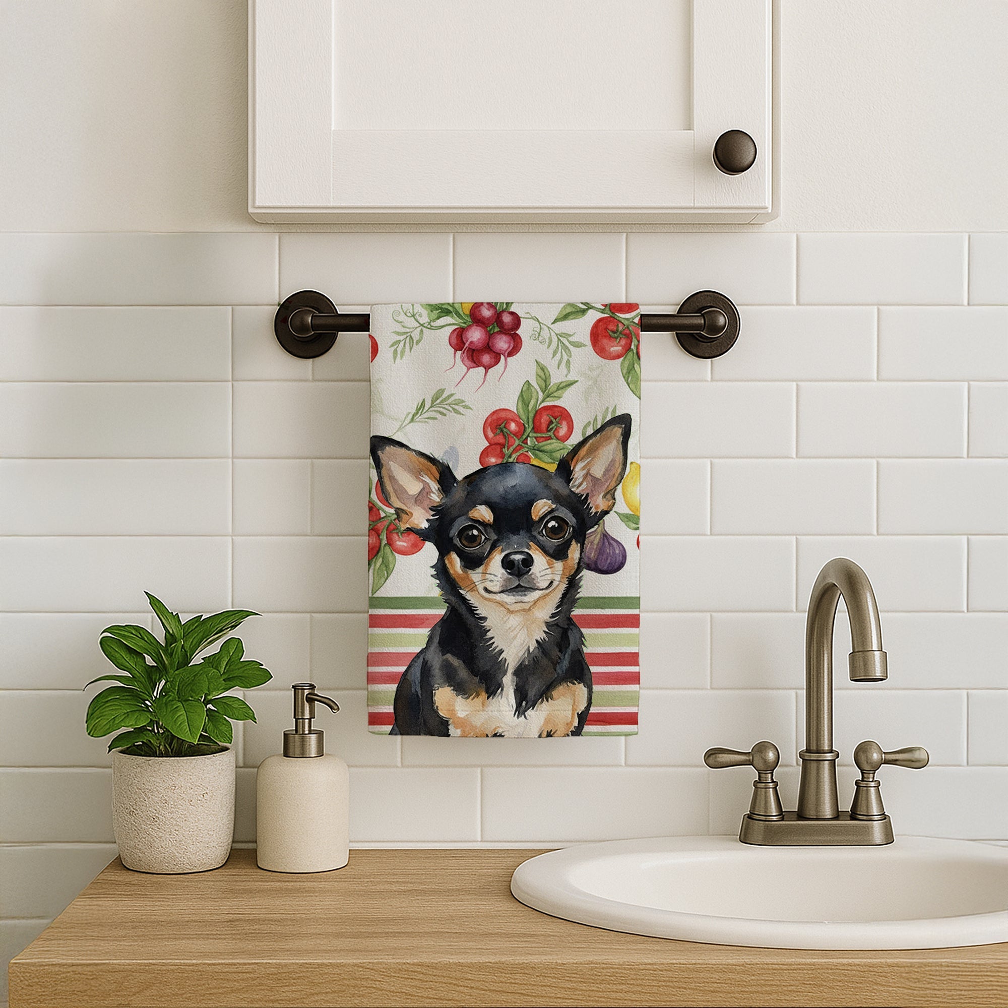 Black and Tan Chihuahua Vegetables Kitchen Towel Velour Plush Front and Cotton Loop Back Machine Washable