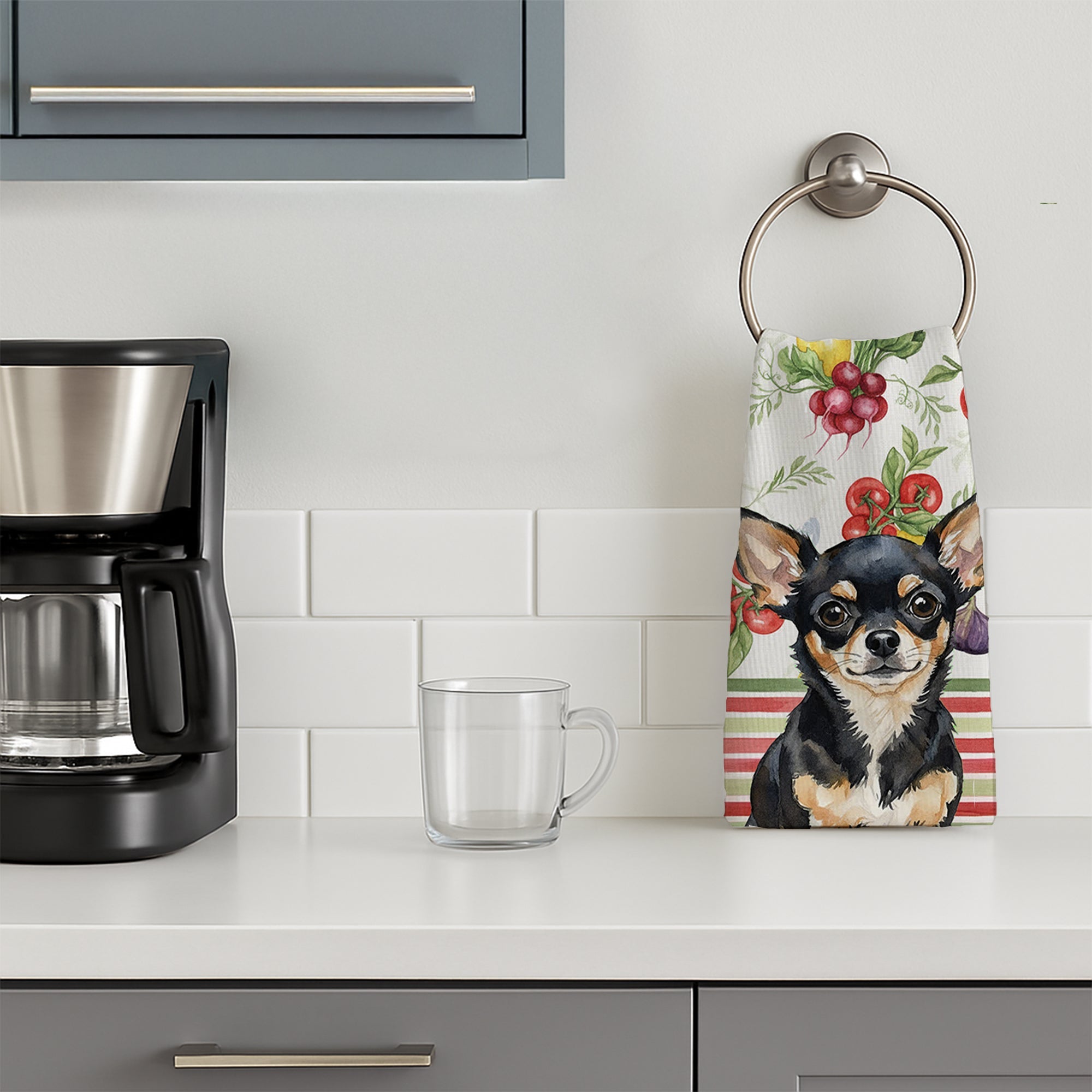 Black and Tan Chihuahua Vegetables Kitchen Towel Velour Plush Front and Cotton Loop Back Machine Washable
