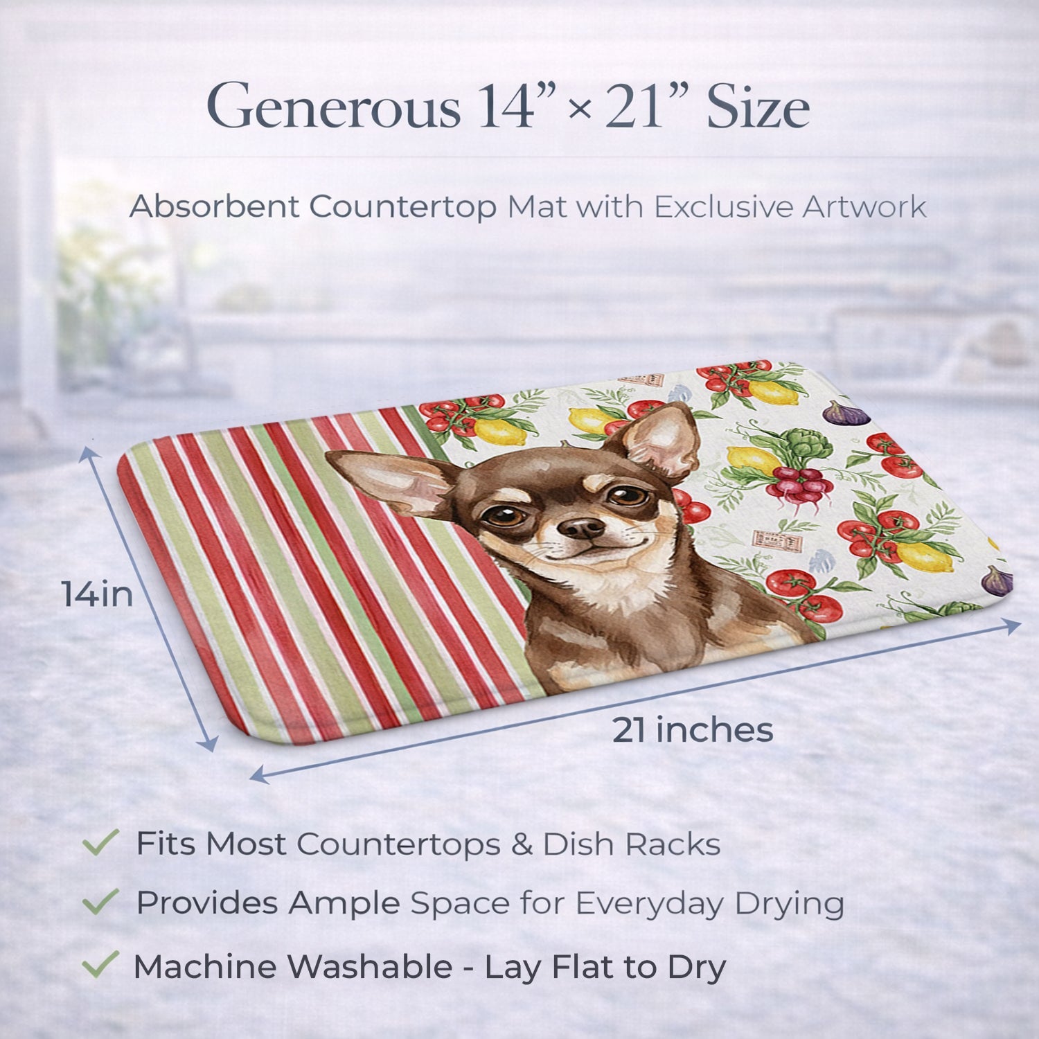 Chocolate Chihuahua Vegetables Dish Drying Mat Absorbent Dish Drying Mat Pad for Kitchen Counter Dish Drainer Mat for Countertop, 14 x 21", Multicolor