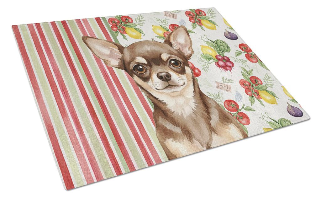 Chocolate Chihuahua Vegetables Cutting Board Tempered Glass Kitchen Cutting Surface, Heat Resistant Chopping, Non-Slip Feet, Food Prep & Serving