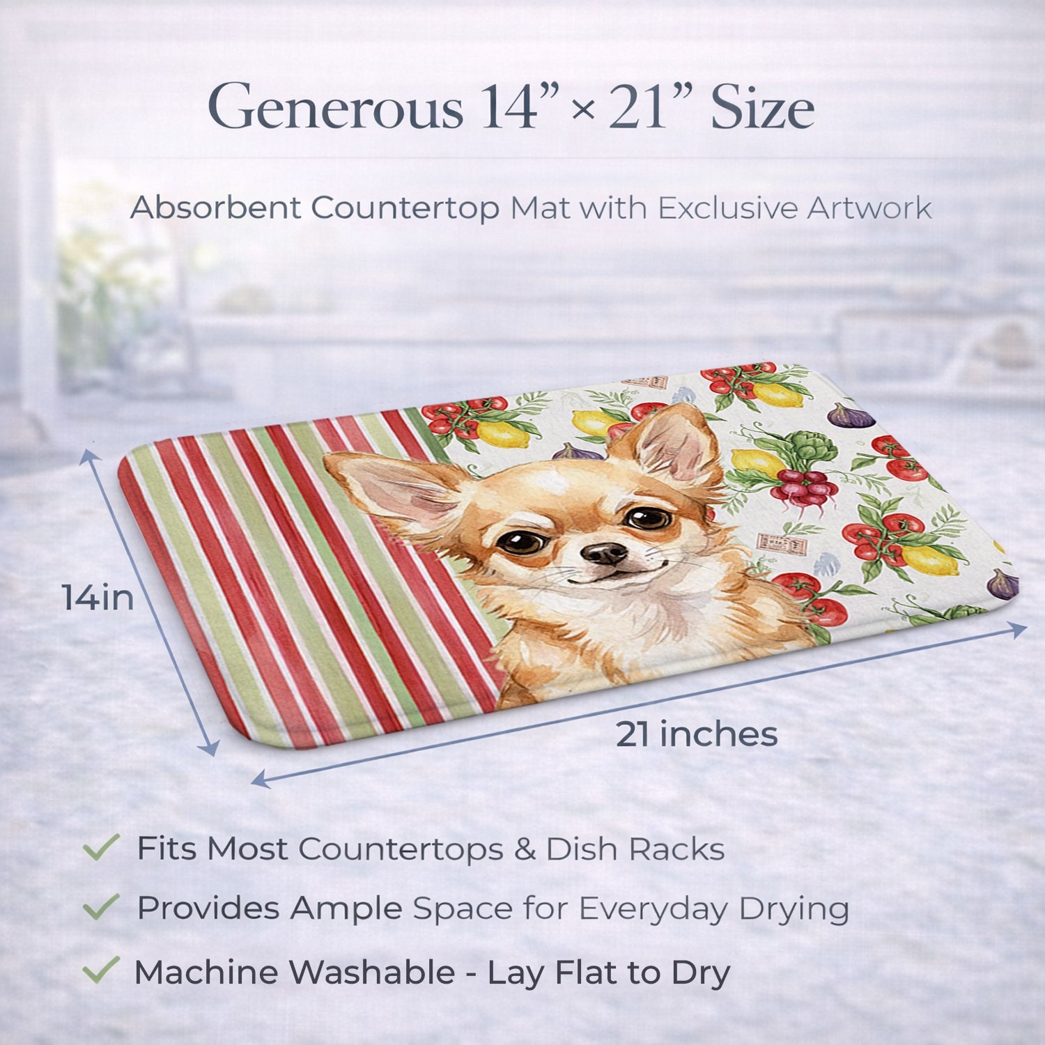 Fawn Chihuahua Vegetables Dish Drying Mat Absorbent Dish Drying Mat Pad for Kitchen Counter Dish Drainer Mat for Countertop, 14 x 21", Multicolor