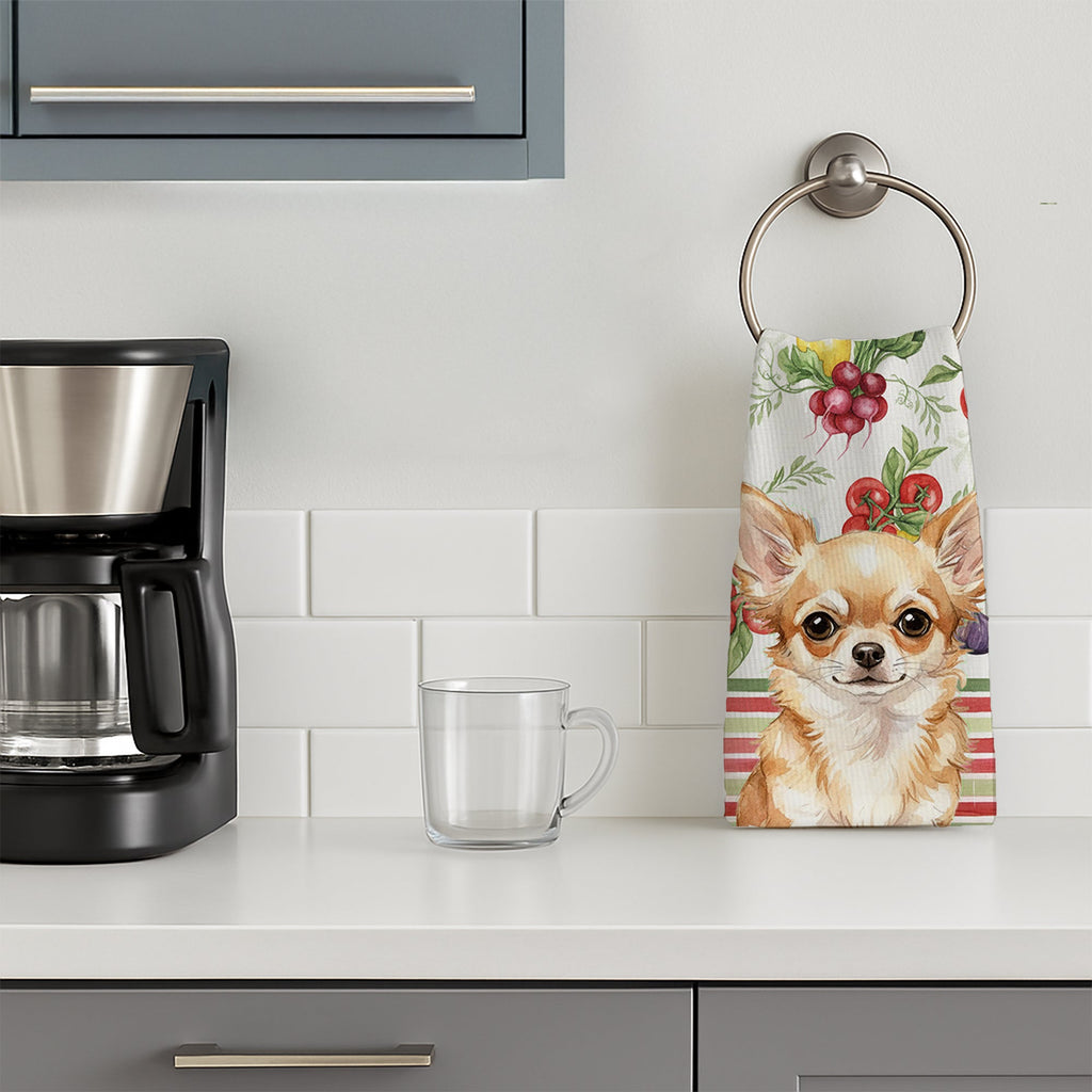 Fawn Chihuahua Vegetables Kitchen Towel Velour Plush Front and Cotton Loop Back Machine Washable