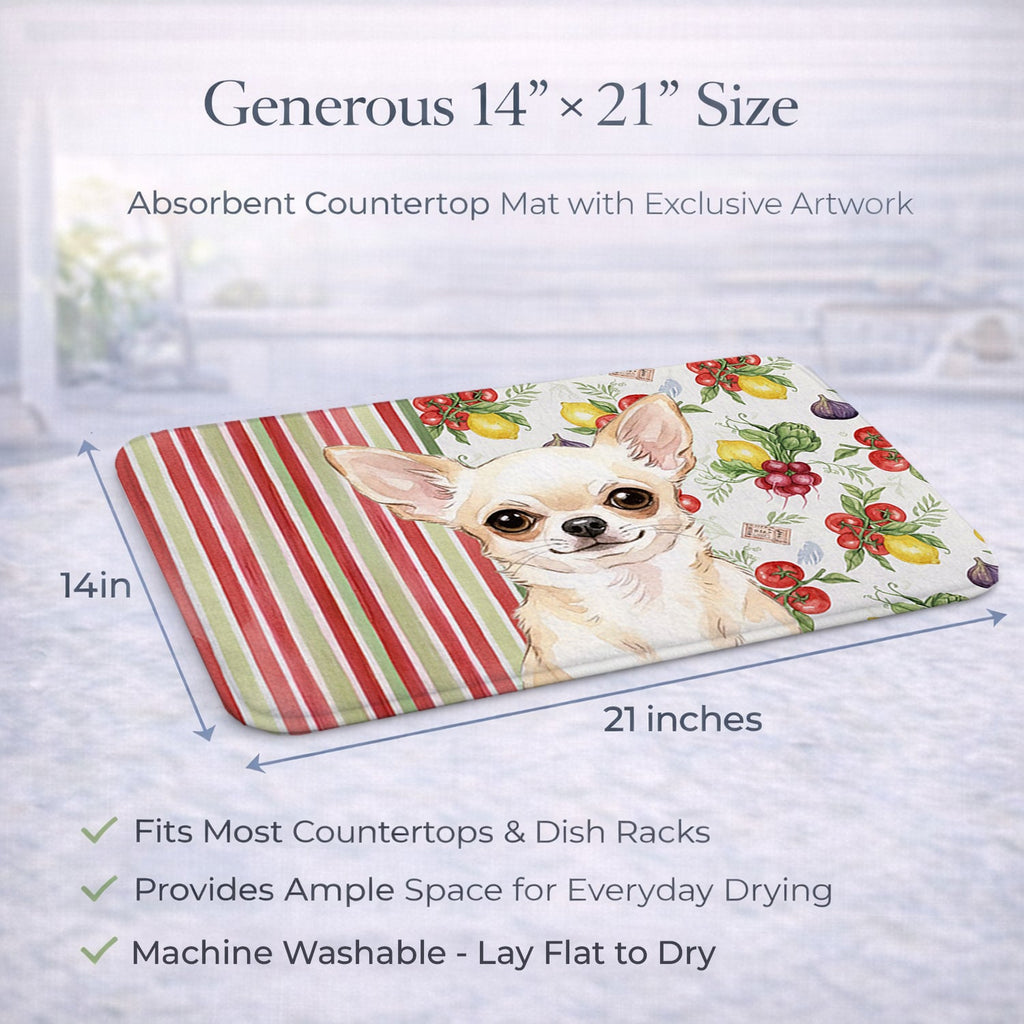 Cream Chihuahua Vegetables Dish Drying Mat Absorbent Dish Drying Mat Pad for Kitchen Counter Dish Drainer Mat for Countertop, 14 x 21", Multicolor