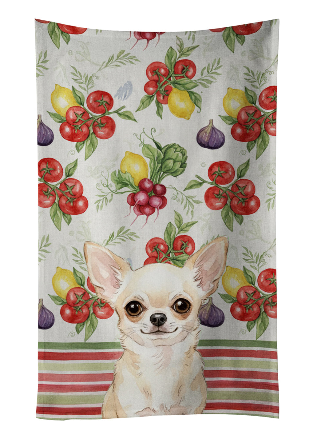 Cream Chihuahua Vegetables Kitchen Towel Velour Plush Front and Cotton Loop Back Machine Washable