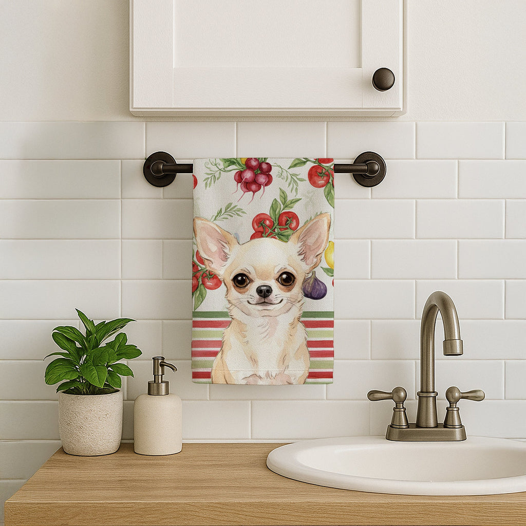 Cream Chihuahua Vegetables Kitchen Towel Velour Plush Front and Cotton Loop Back Machine Washable