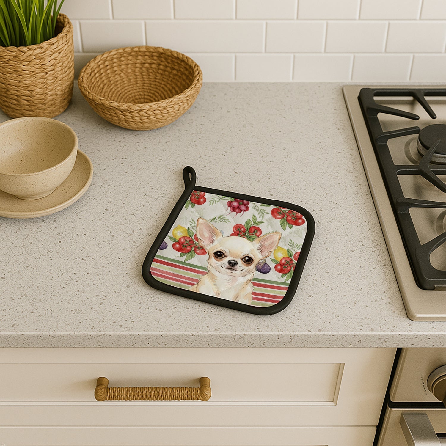 Cream Chihuahua Vegetables Pot Holder Set of 2 Heat Resistant Quilted Hot Pads 7.5 x 7.5 Inch, Insulated Kitchen Trivets for Cooking & Baking