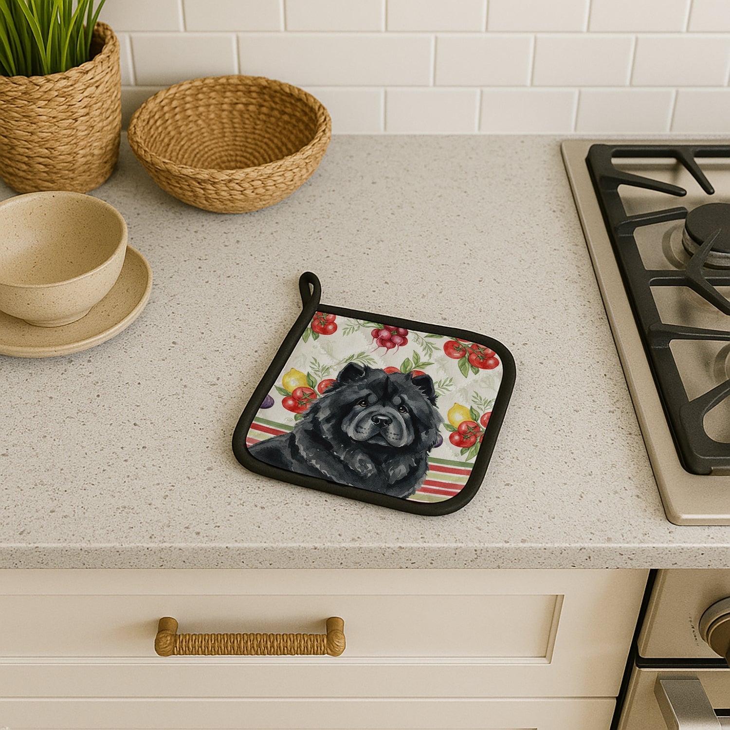 Black Chow Chow Vegetables Pot Holder Set of 2 Heat Resistant Quilted Hot Pads 7.5 x 7.5 Inch, Insulated Kitchen Trivets for Cooking & Baking
