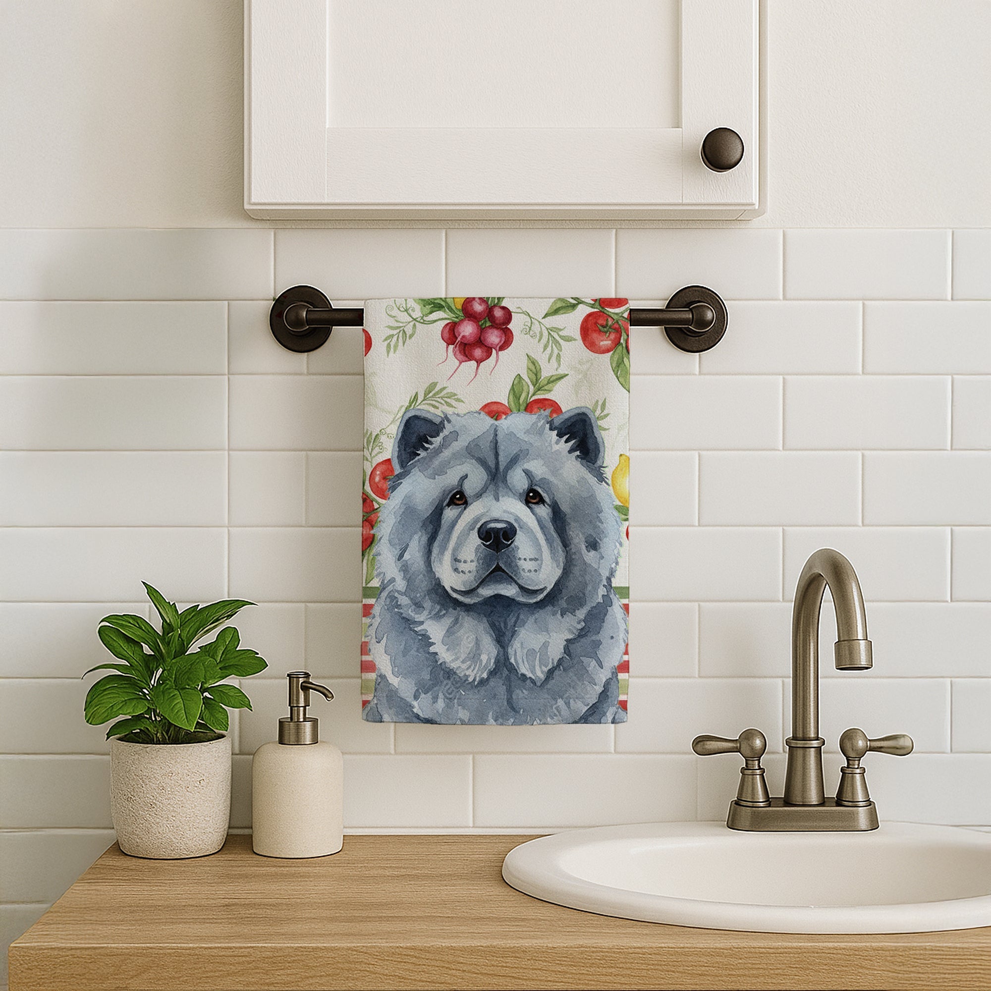 Blue Chow Chow Vegetables Kitchen Towel Velour Plush Front and Cotton Loop Back Machine Washable