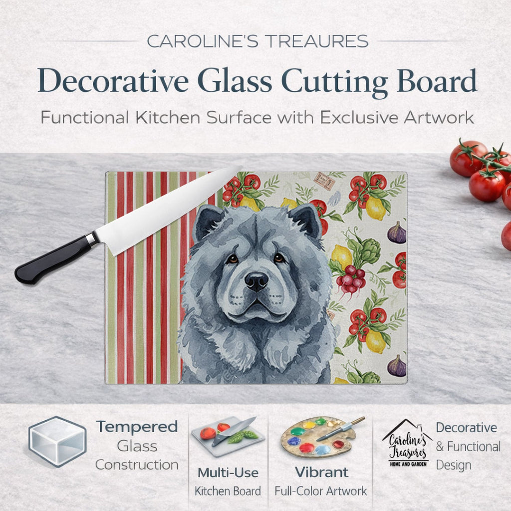 Blue Chow Chow Vegetables Cutting Board Tempered Glass Kitchen Cutting Surface, Heat Resistant Chopping, Non-Slip Feet, Food Prep & Serving