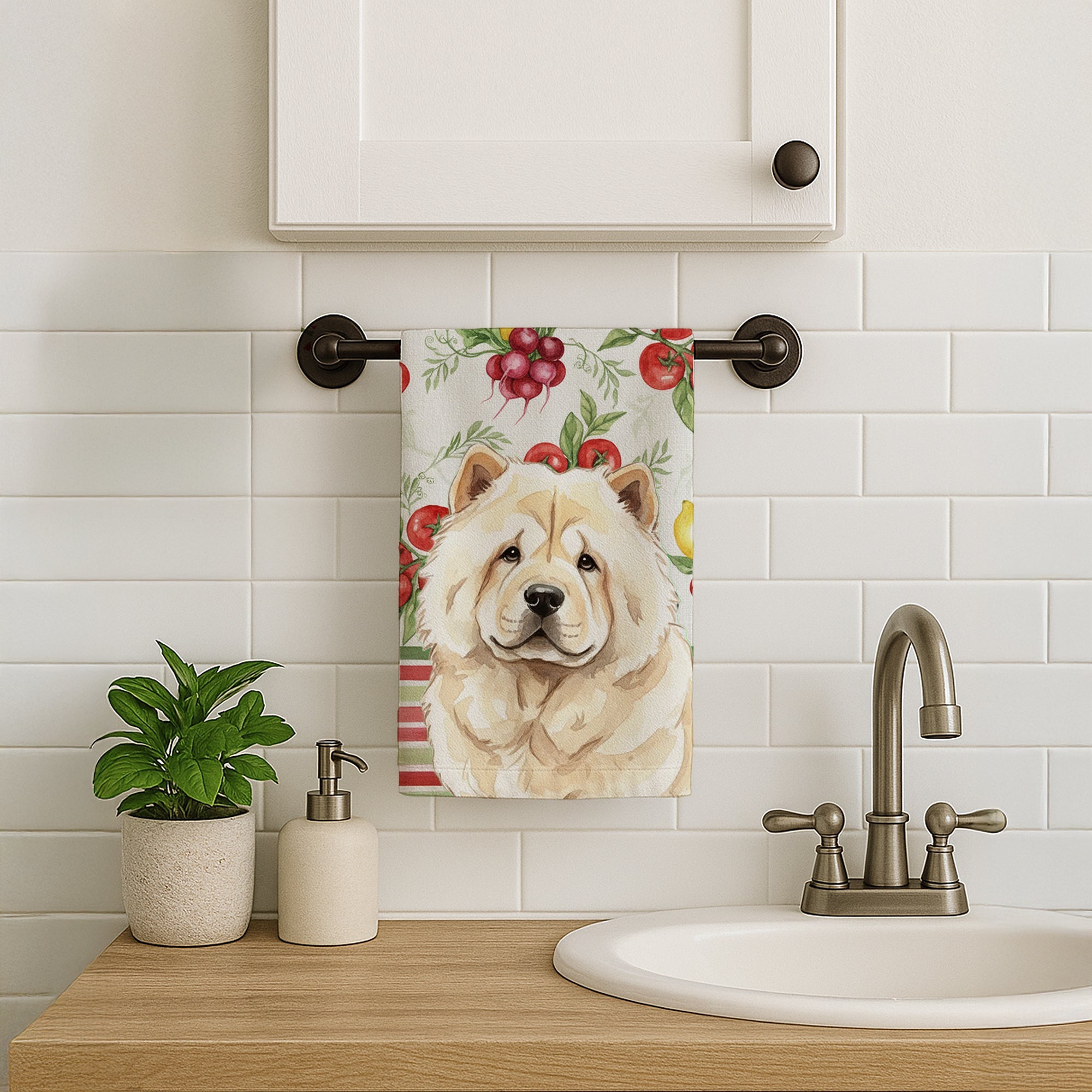Cream Chow Chow Vegetables Kitchen Towel Velour Plush Front and Cotton Loop Back Machine Washable