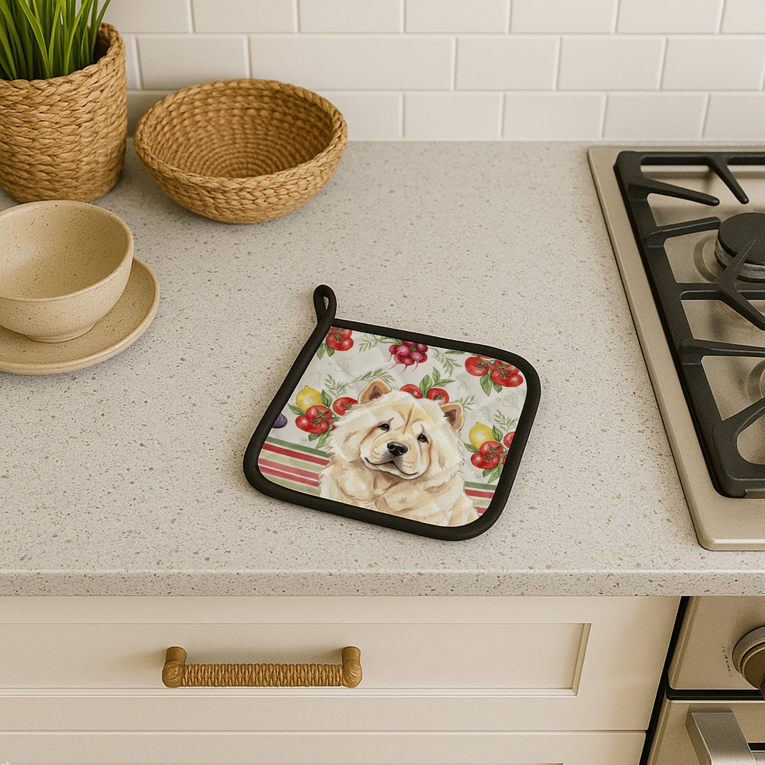 Cream Chow Chow Vegetables Pot Holder Set of 2 Heat Resistant Quilted Hot Pads 7.5 x 7.5 Inch, Insulated Kitchen Trivets for Cooking & Baking
