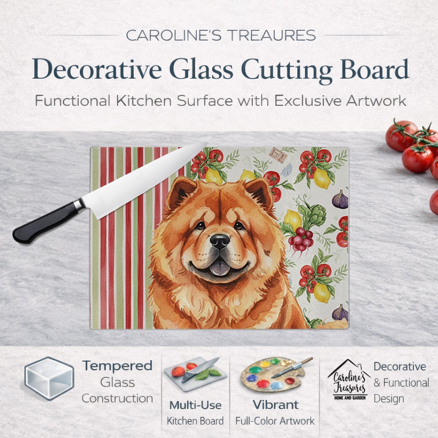 Red Chow Chow Vegetables Cutting Board Tempered Glass Kitchen Cutting Surface, Heat Resistant Chopping, Non-Slip Feet, Food Prep & Serving
