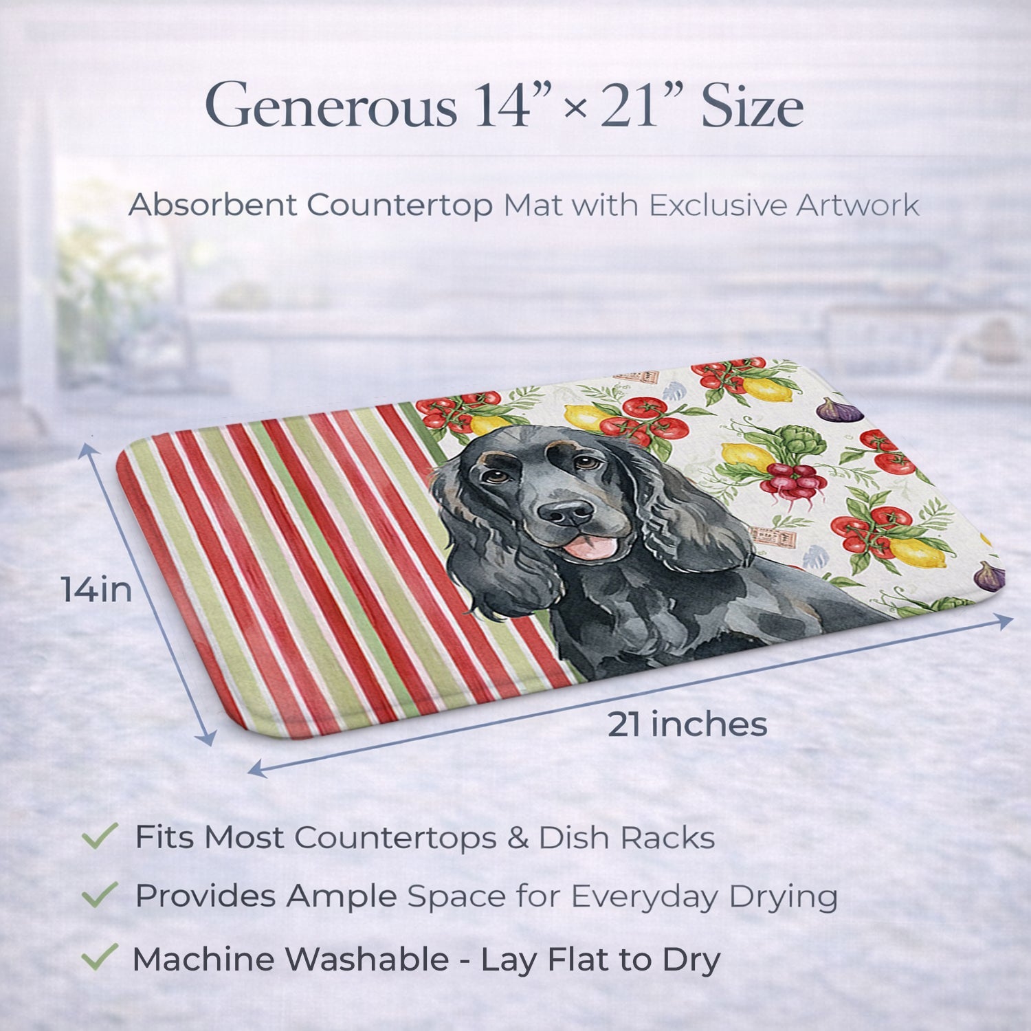 Black Cocker Spaniel Vegetables Dish Drying Mat Absorbent Dish Drying Mat Pad for Kitchen Counter Dish Drainer Mat for Countertop, 14 x 21", Multicolor