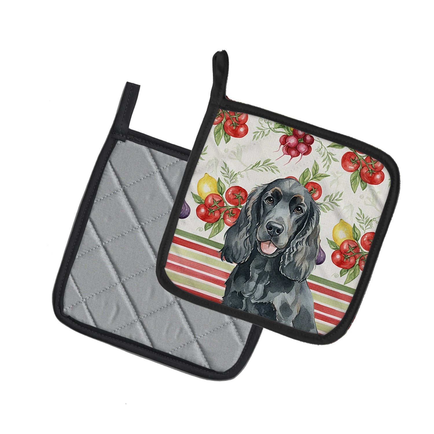 Black Cocker Spaniel Vegetables Pot Holder Set of 2 Heat Resistant Quilted Hot Pads 7.5 x 7.5 Inch, Insulated Kitchen Trivets for Cooking & Baking