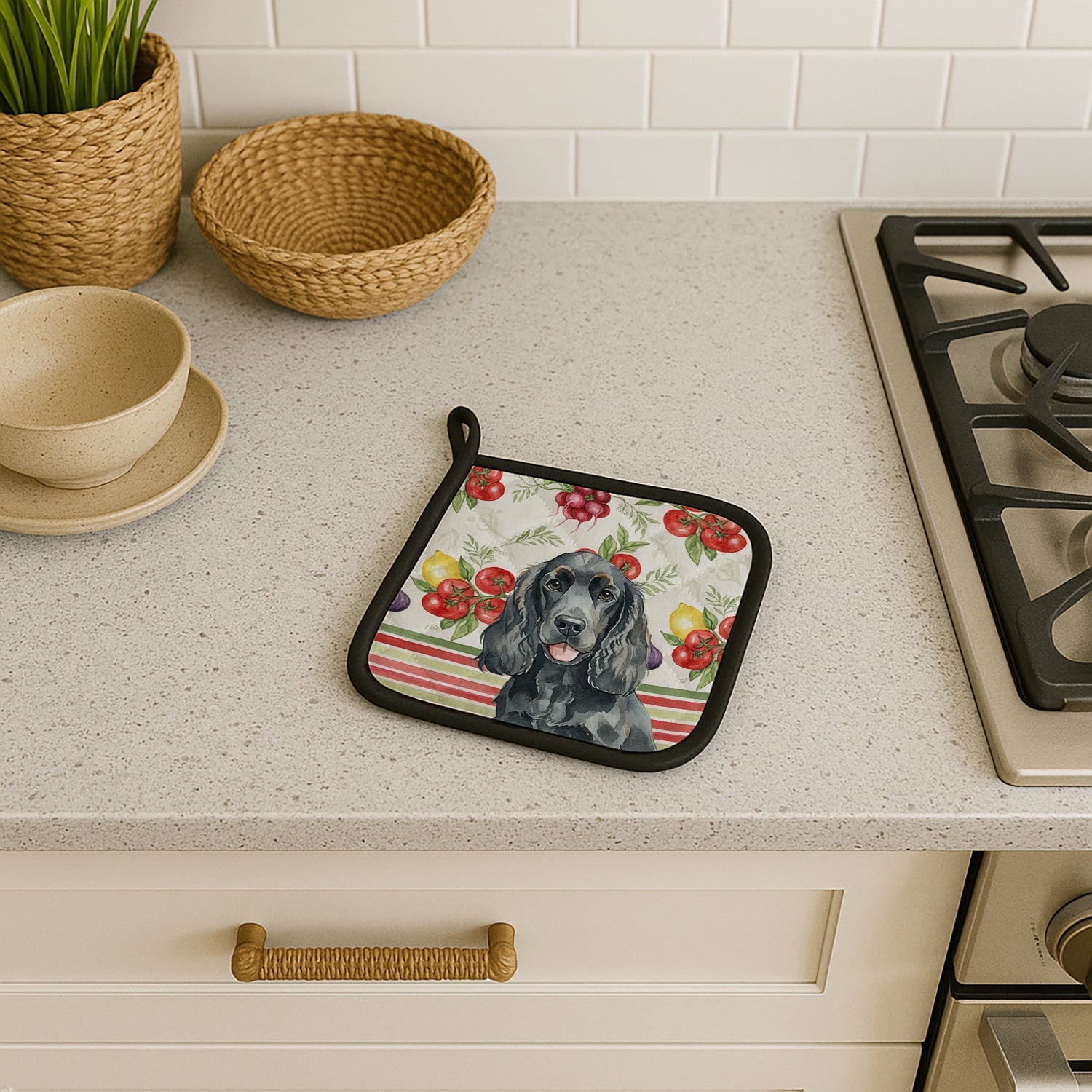Black Cocker Spaniel Vegetables Pot Holder Set of 2 Heat Resistant Quilted Hot Pads 7.5 x 7.5 Inch, Insulated Kitchen Trivets for Cooking & Baking