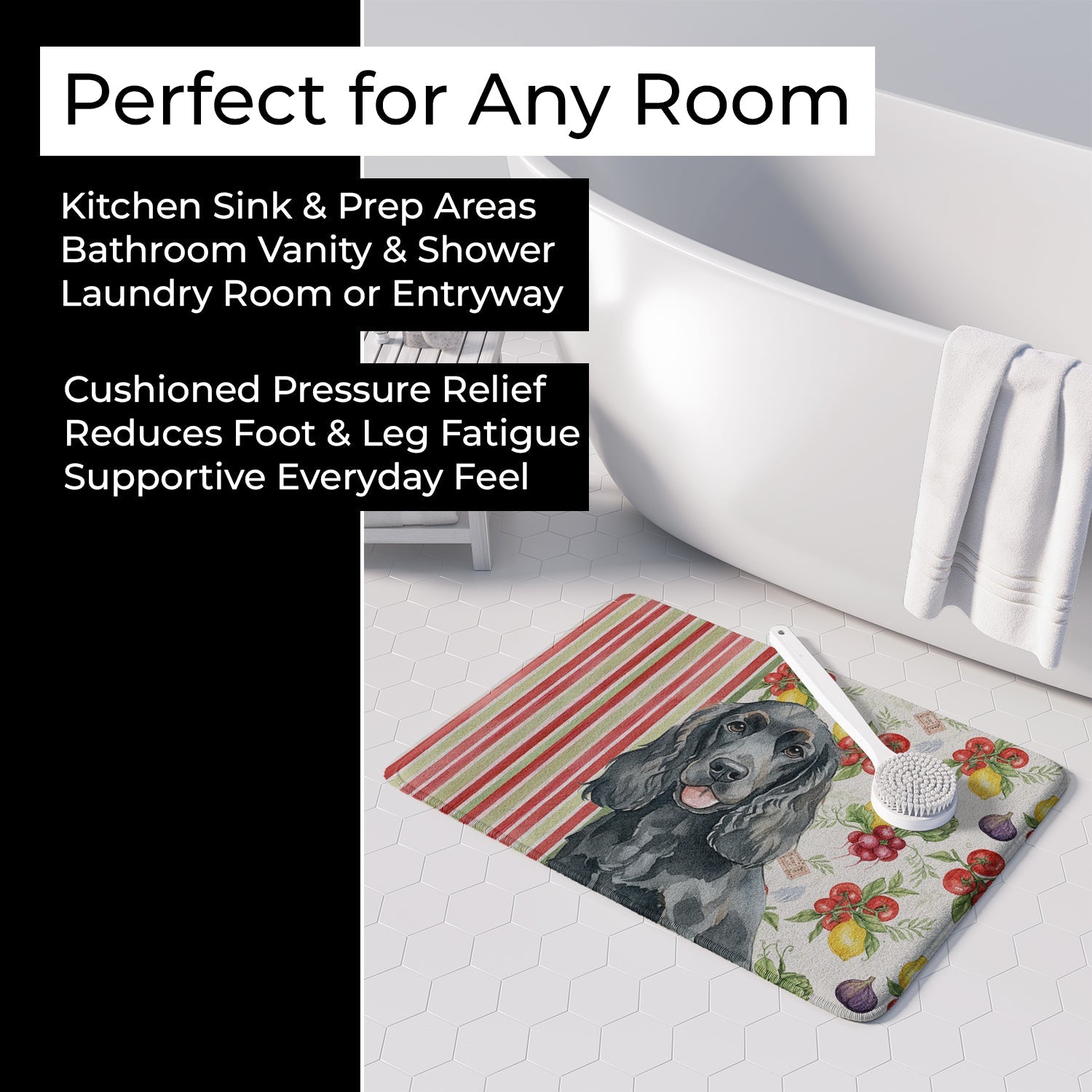 Black Cocker Spaniel Vegetables Memory Foam Kitchen Mat Machine Washable Anti-Fatigue Cushion Comfort Bath or Kitchen Rug