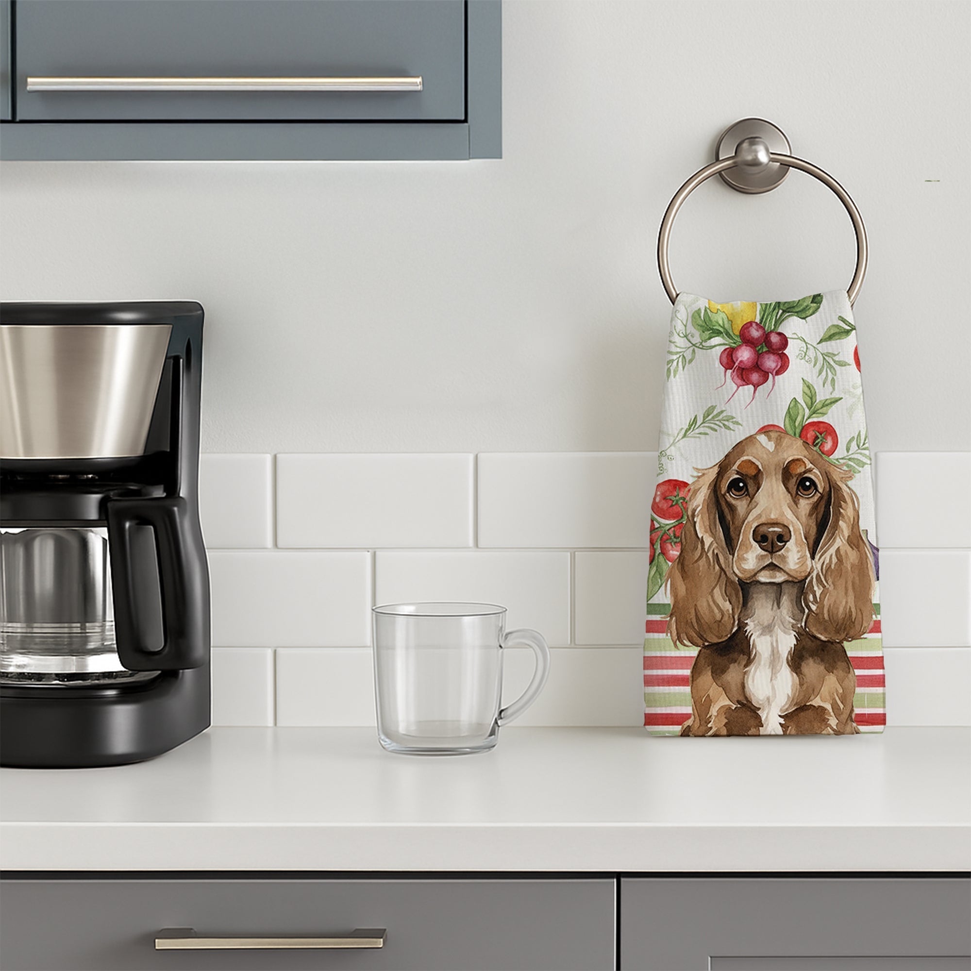 Chocolate Cocker Spaniel Vegetables Kitchen Towel Velour Plush Front and Cotton Loop Back Machine Washable