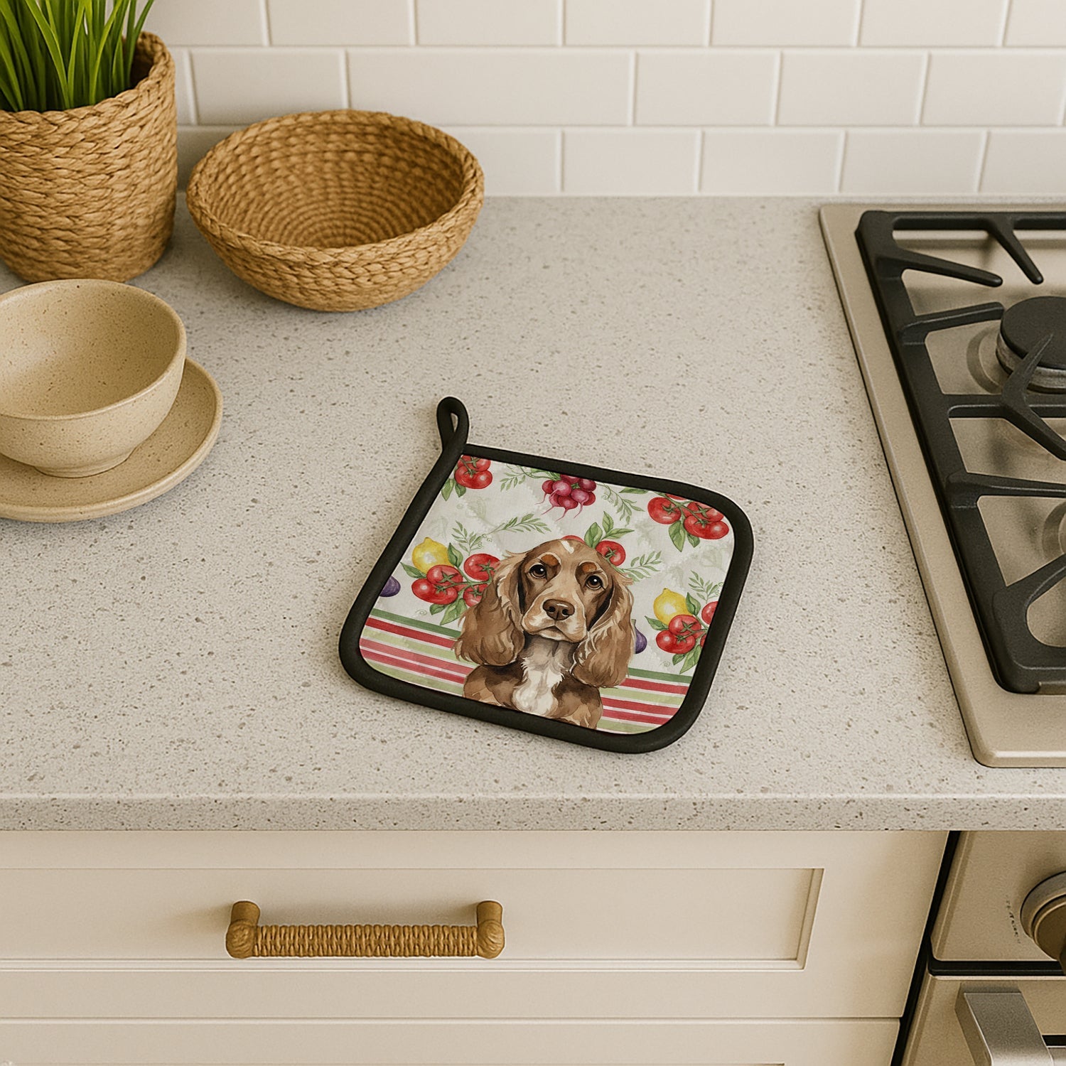 Chocolate Cocker Spaniel Vegetables Pot Holder Set of 2 Heat Resistant Quilted Hot Pads 7.5 x 7.5 Inch, Insulated Kitchen Trivets for Cooking & Baking