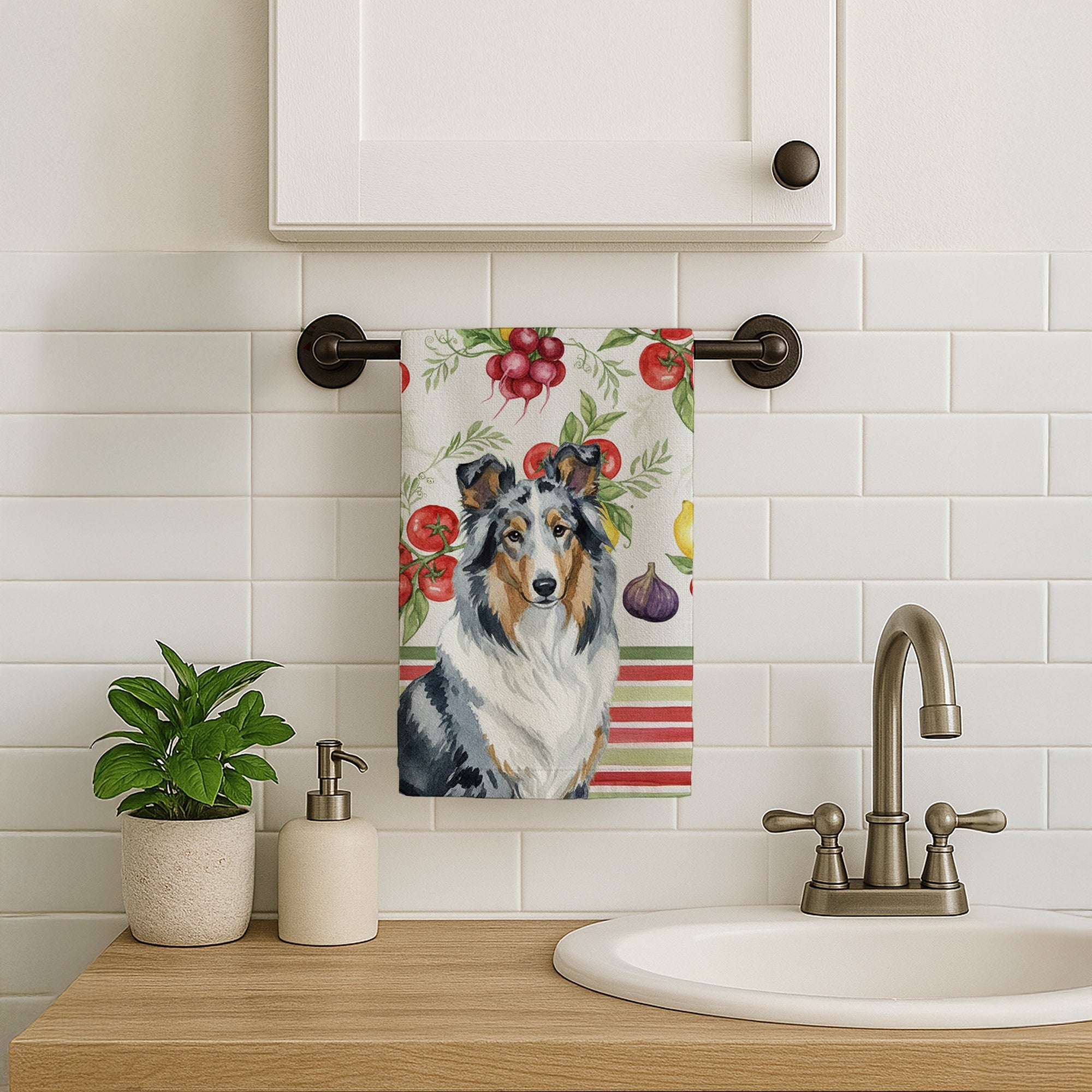 Blue Merle Collie Vegetables Kitchen Towel Velour Plush Front and Cotton Loop Back Machine Washable