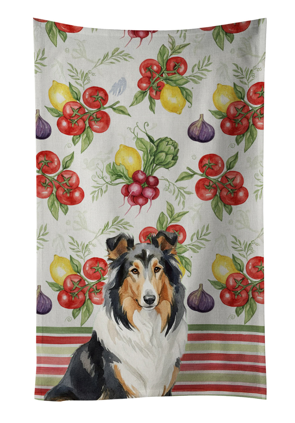 Tricolor Collie Vegetables Kitchen Towel Velour Plush Front and Cotton Loop Back Machine Washable