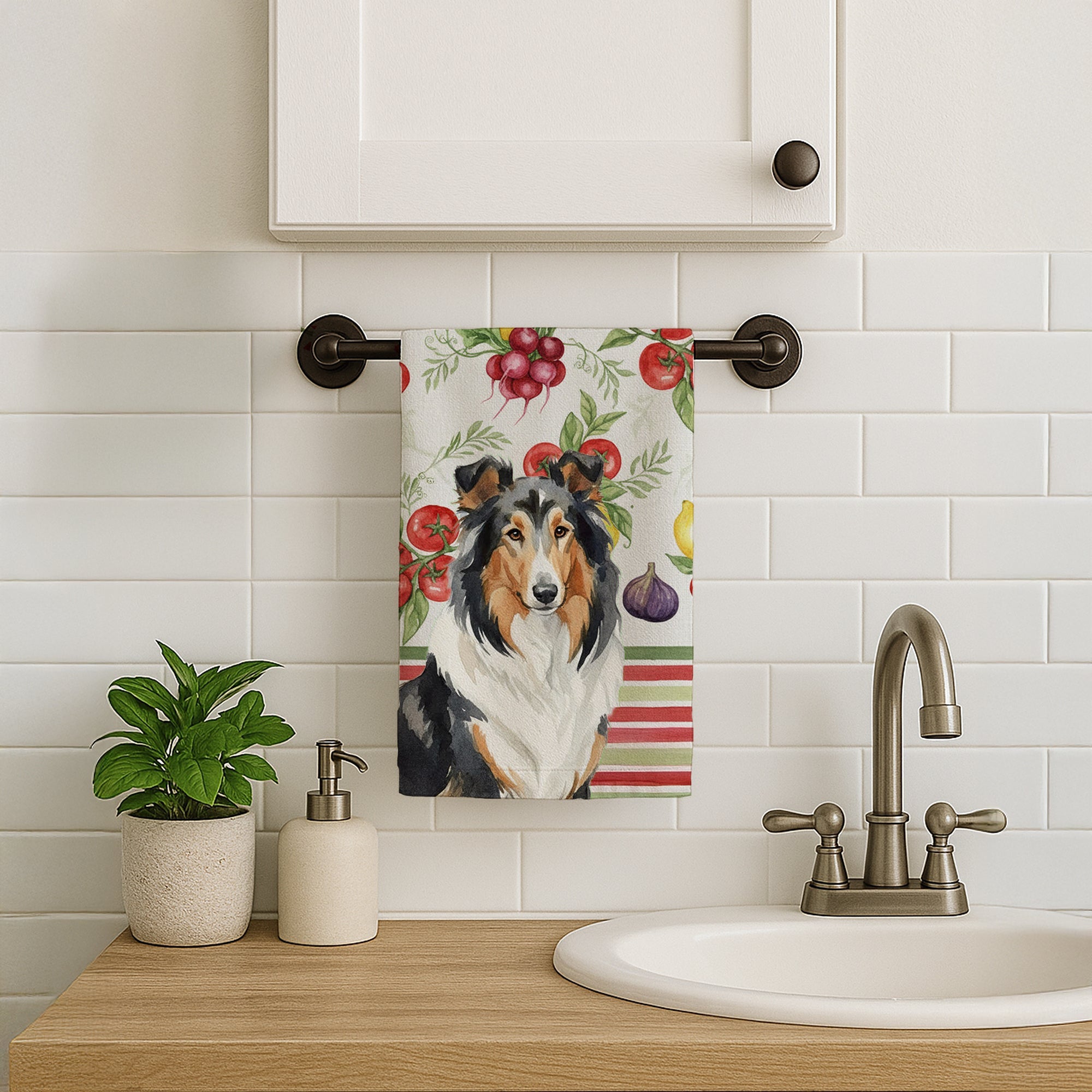 Tricolor Collie Vegetables Kitchen Towel Velour Plush Front and Cotton Loop Back Machine Washable