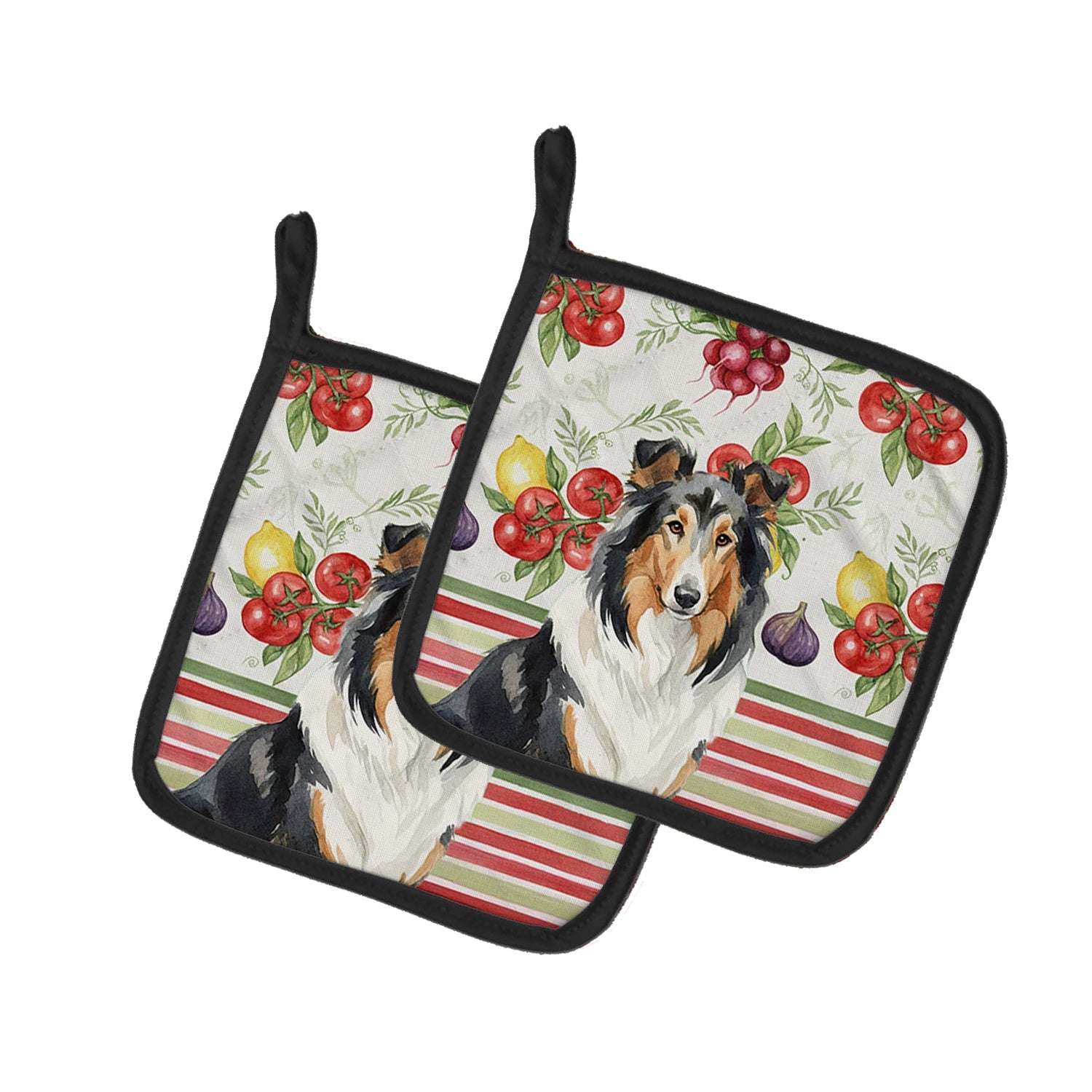 Tricolor Collie Vegetables Pot Holder Set of 2 Heat Resistant Quilted Hot Pads 7.5 x 7.5 Inch, Insulated Kitchen Trivets for Cooking & Baking