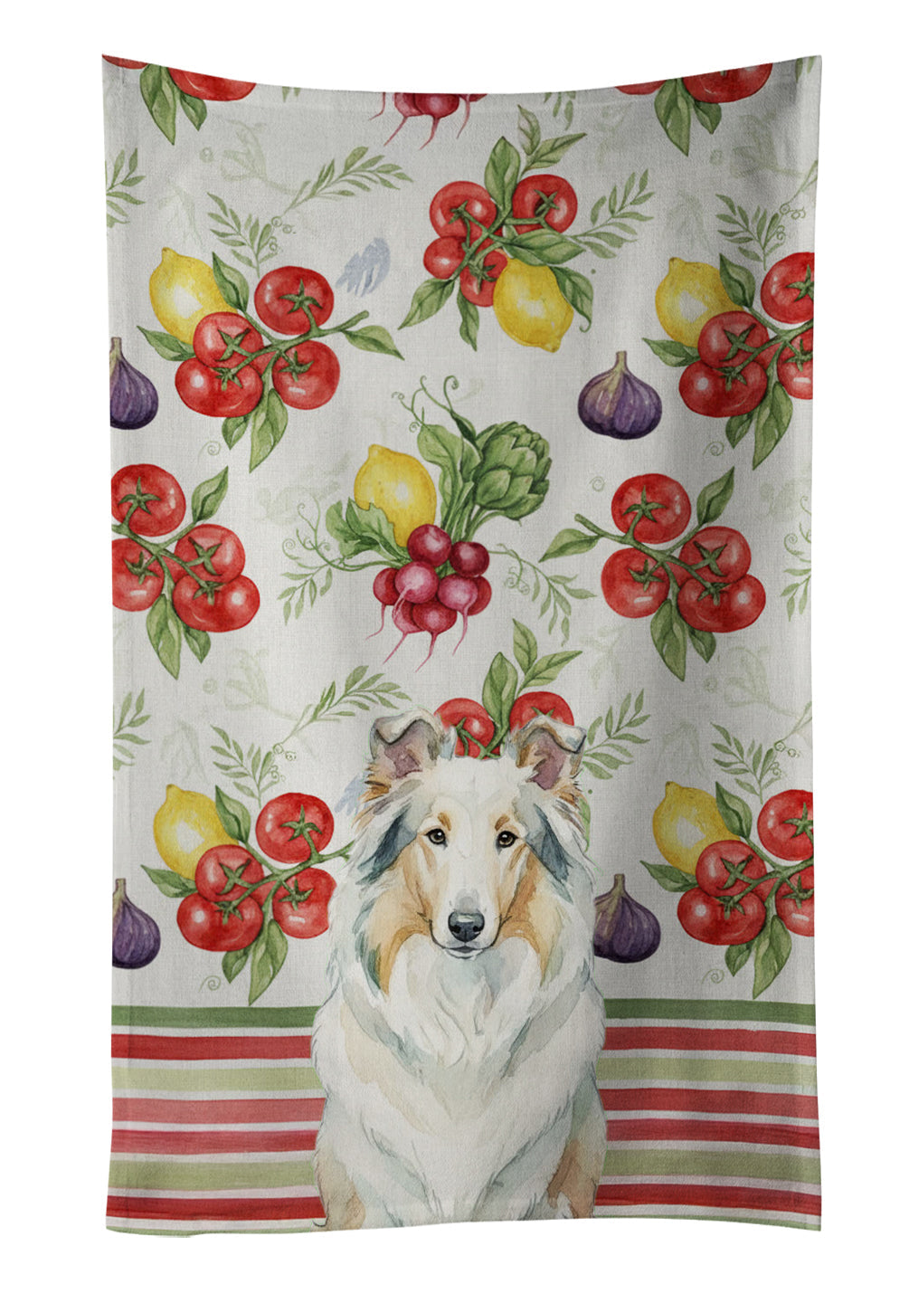 White Collie Vegetables Kitchen Towel Velour Plush Front and Cotton Loop Back Machine Washable