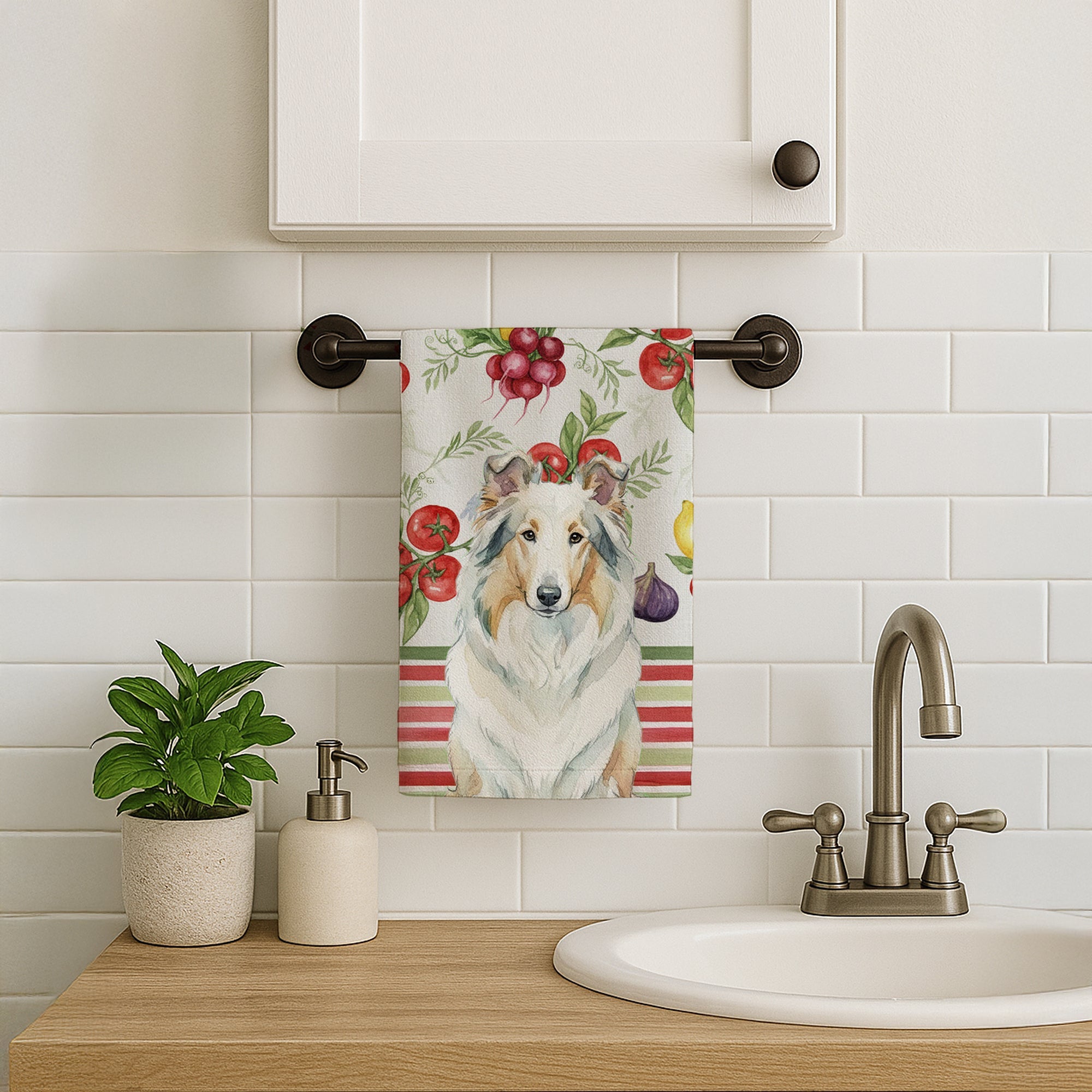 White Collie Vegetables Kitchen Towel Velour Plush Front and Cotton Loop Back Machine Washable